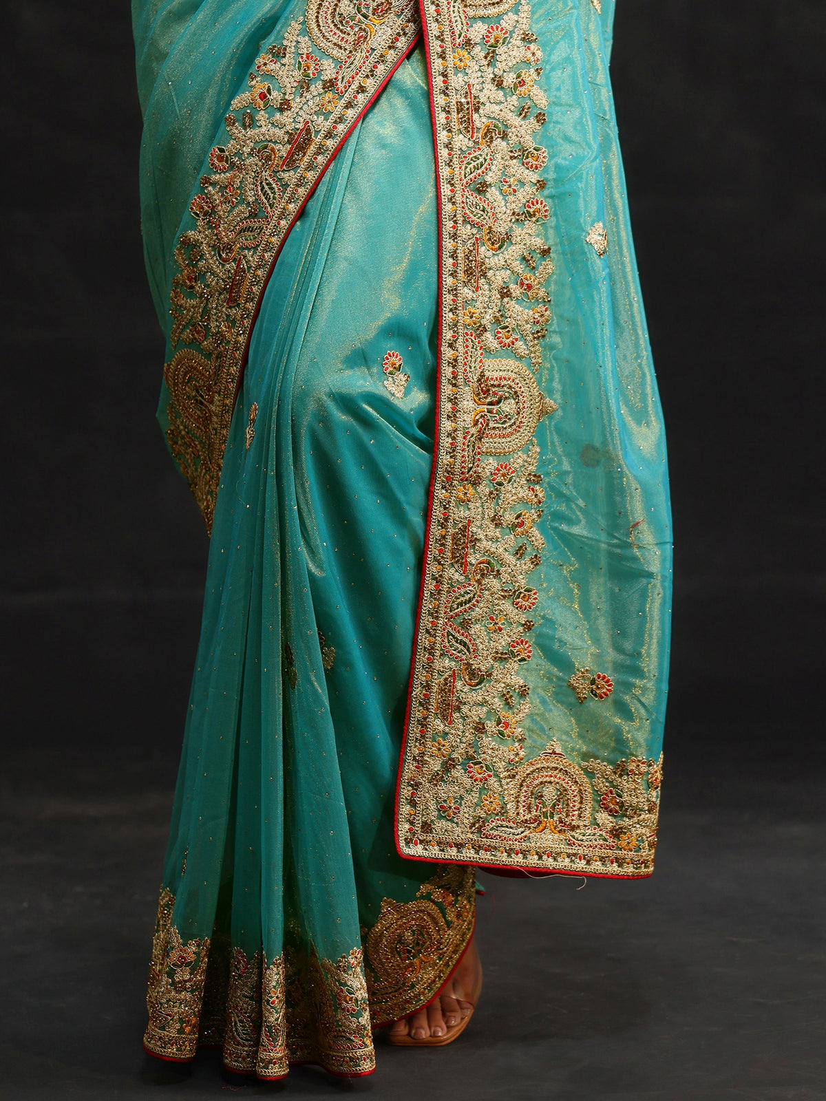 Anouk Aqua Blue Floral Embroidered Net Saree