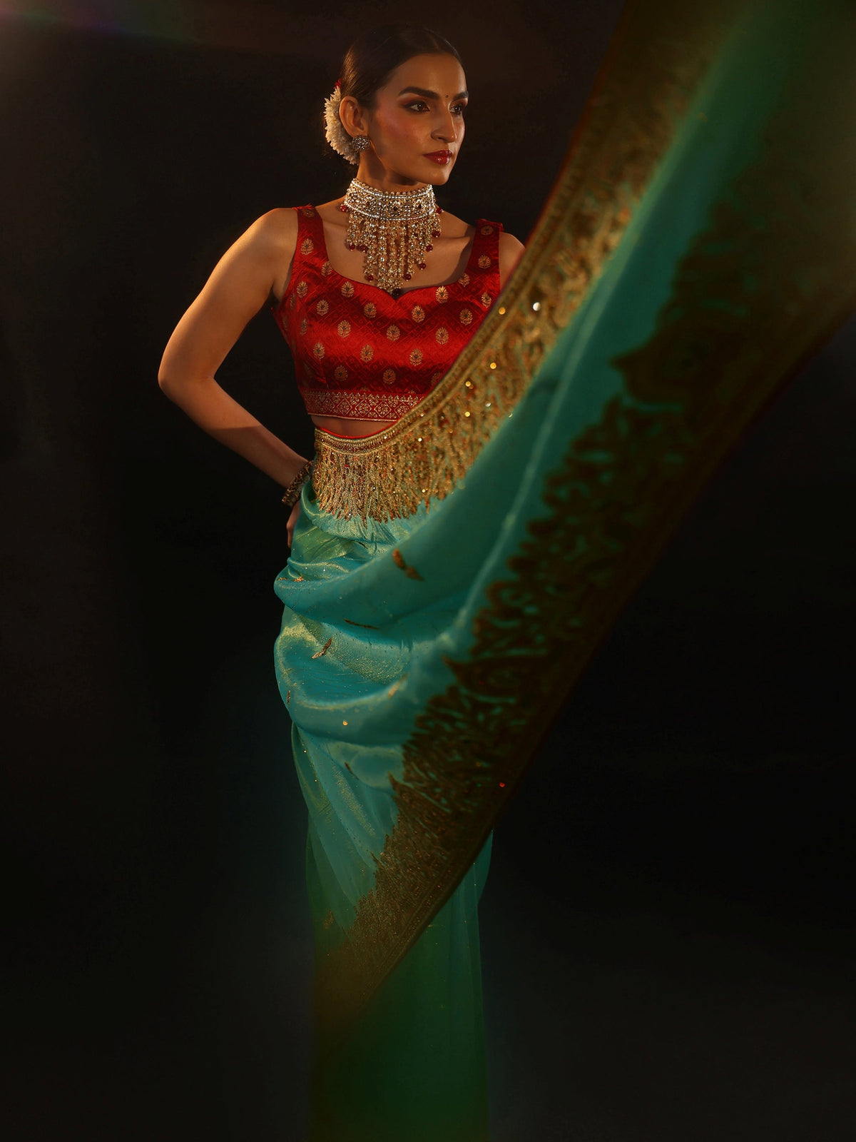 Anouk Aqua Blue Floral Embroidered Net Saree