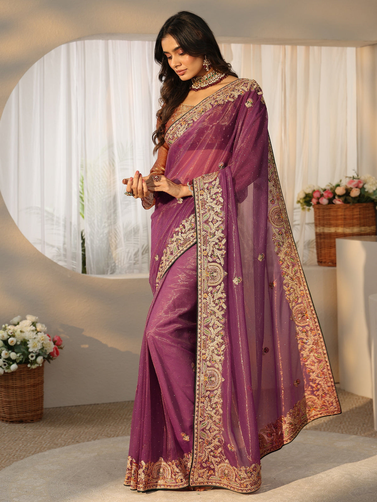 Anouk Plum Purple Floral  Embroidered Net Saree