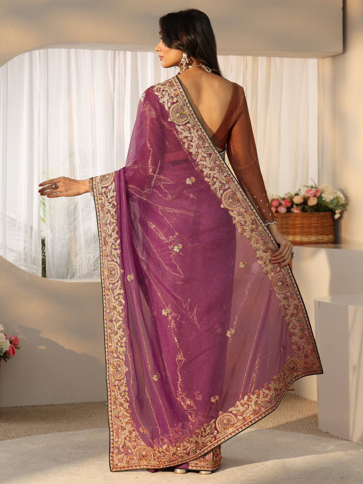 Anouk Plum Purple Floral  Embroidered Net Saree