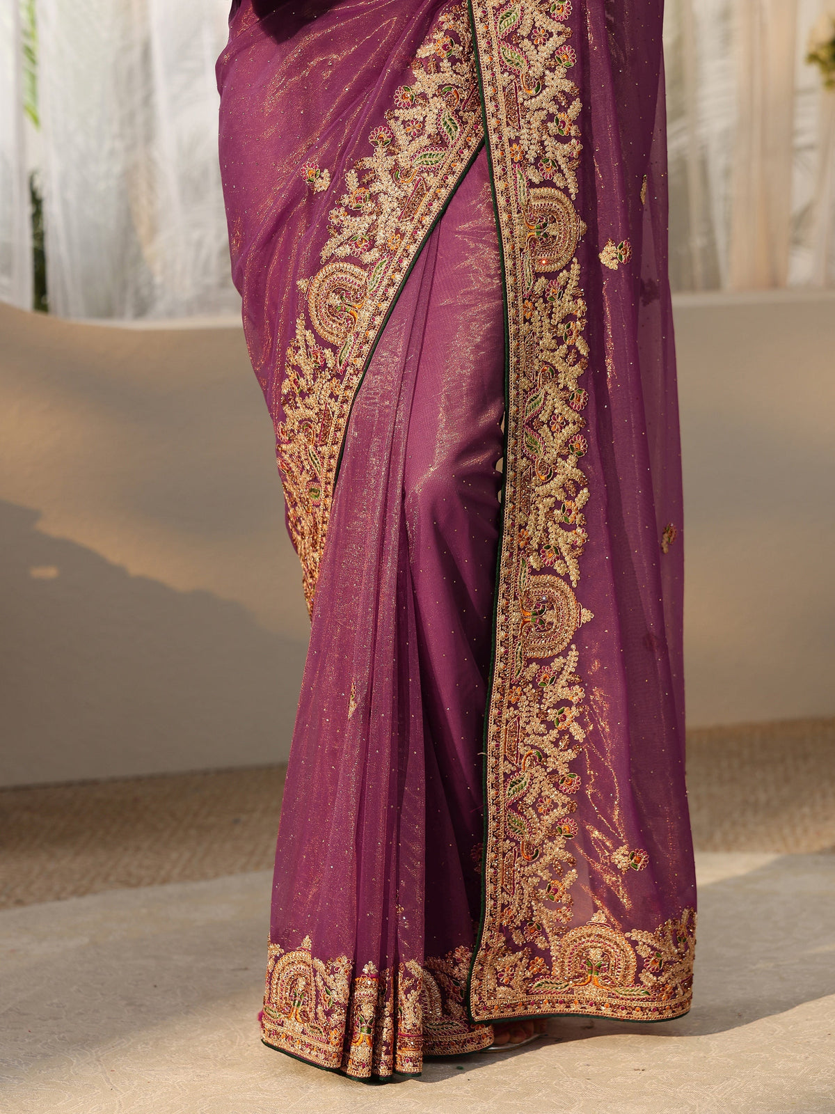 Anouk Plum Purple Floral  Embroidered Net Saree