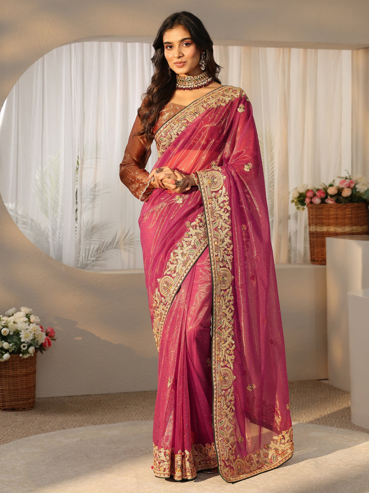 Anouk Peach Net Saree with Embroidered Border