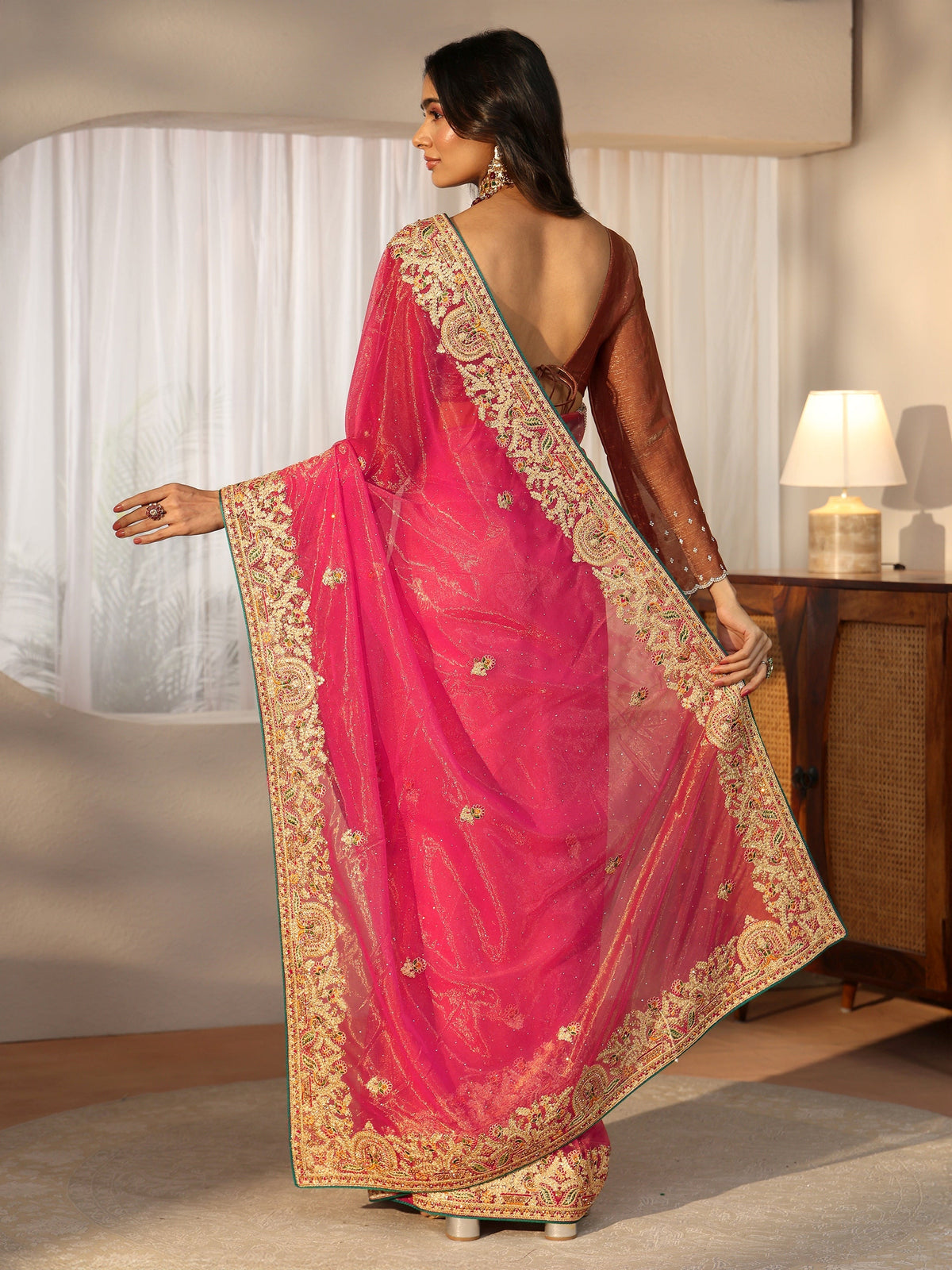 Anouk Peach Net Saree with Embroidered Border