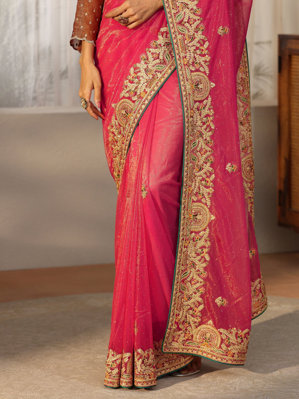Anouk Peach Net Saree with Embroidered Border