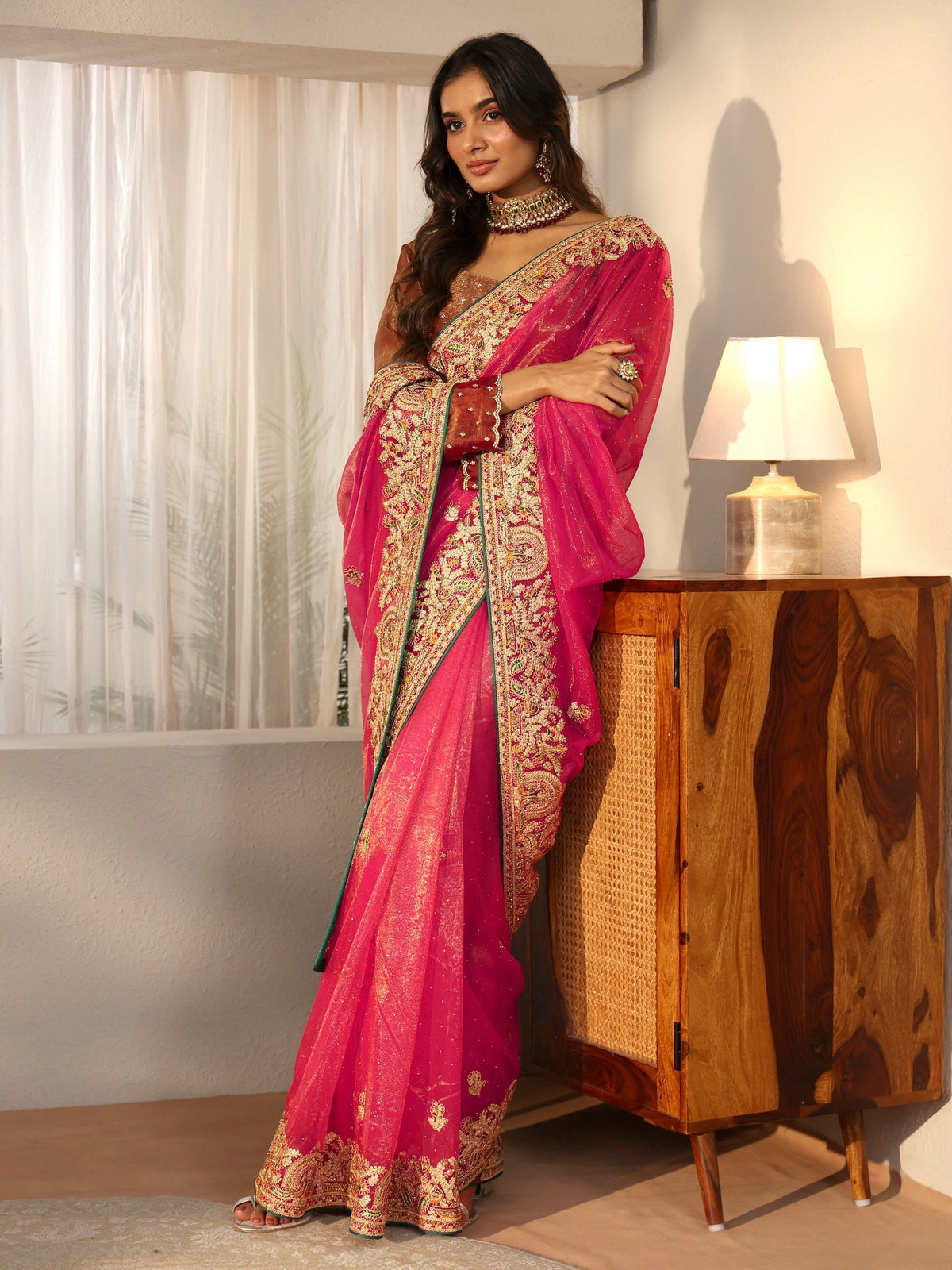 Anouk Peach Net Saree with Embroidered Border