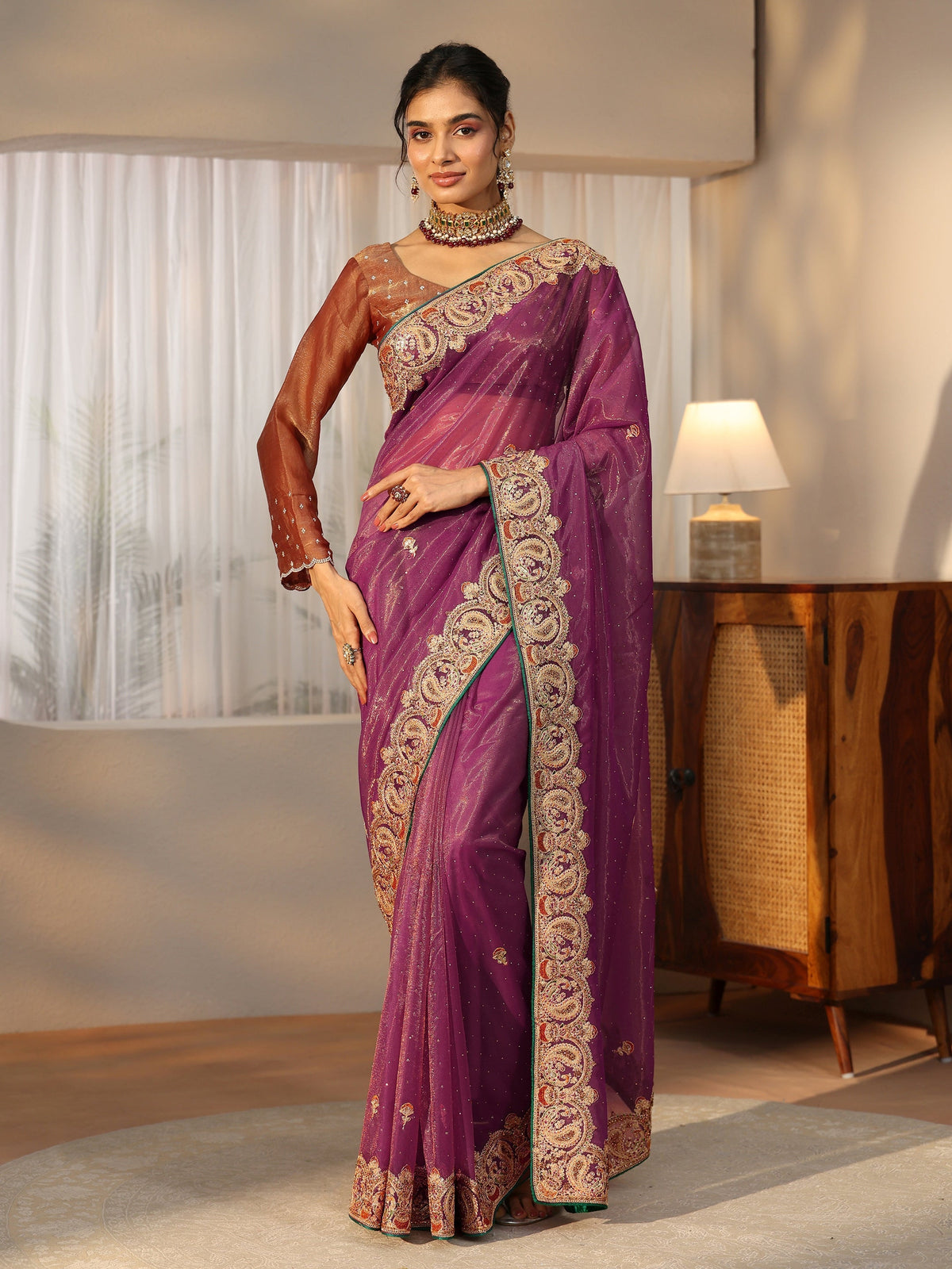 Anouk Plum Purple Net Saree with Embellished Paisley Border