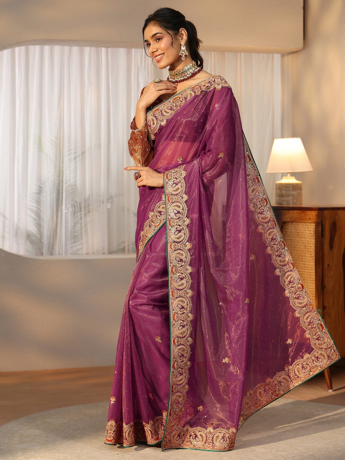 Anouk Plum Purple Net Saree with Embellished Paisley Border