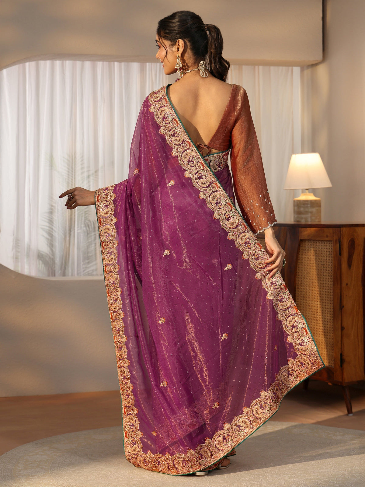 Anouk Plum Purple Net Saree with Embellished Paisley Border