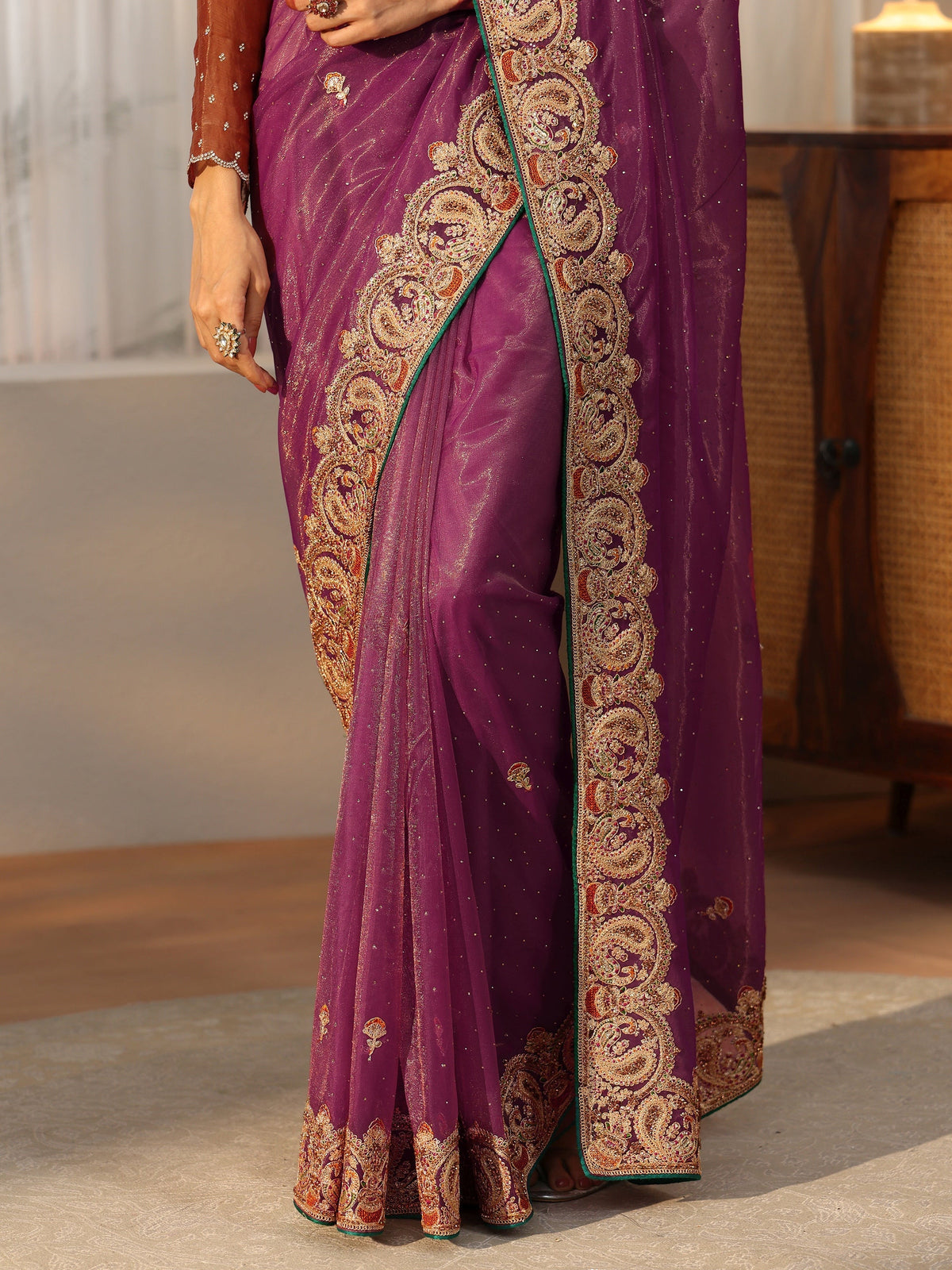 Anouk Plum Purple Net Saree with Embellished Paisley Border