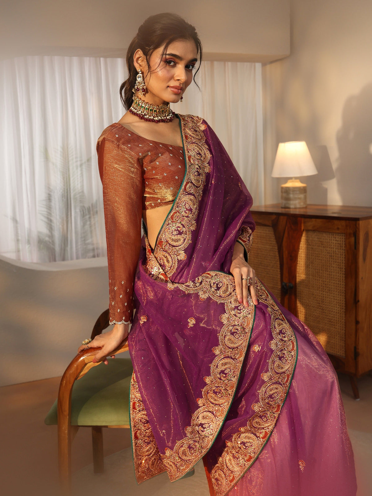 Anouk Plum Purple Net Saree with Embellished Paisley Border