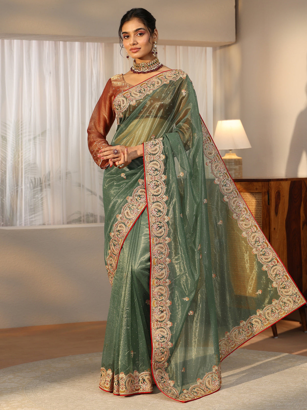 Anouk Olive Green Net Saree with Embellished Paisley Border