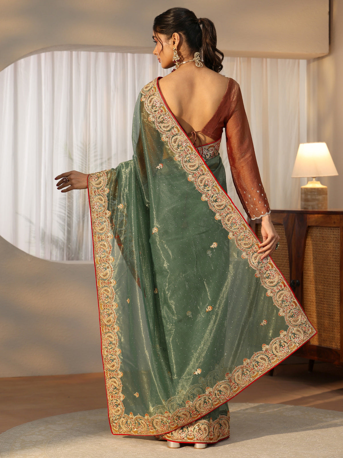 Anouk Olive Green Net Saree with Embellished Paisley Border