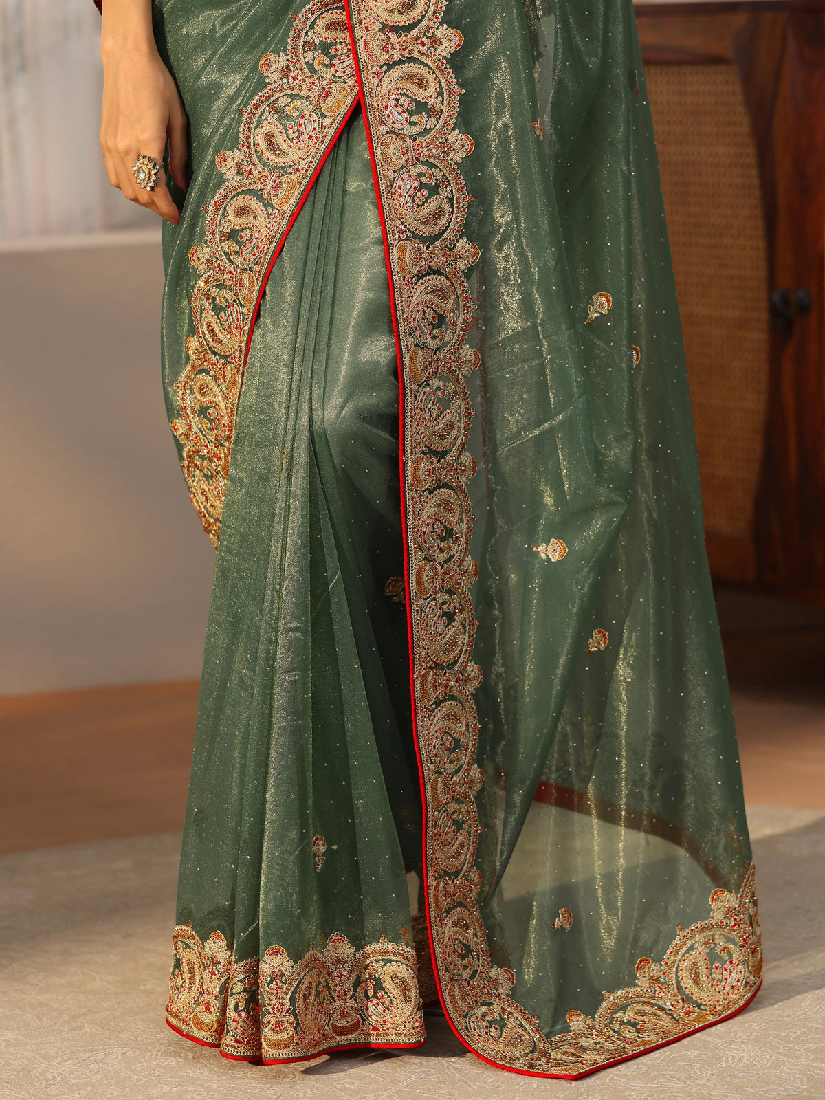 Anouk Olive Green Net Saree with Embellished Paisley Border