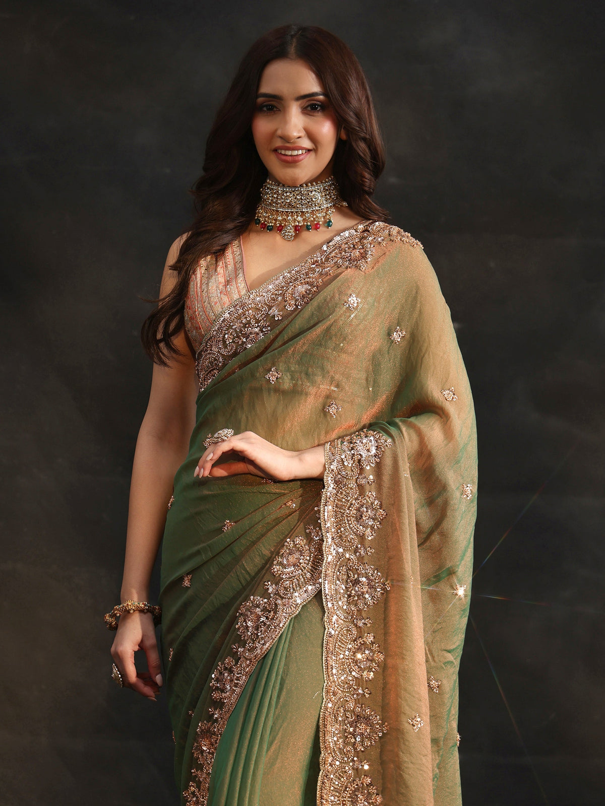 Anouk Olive Green Sequined Tissue Saree