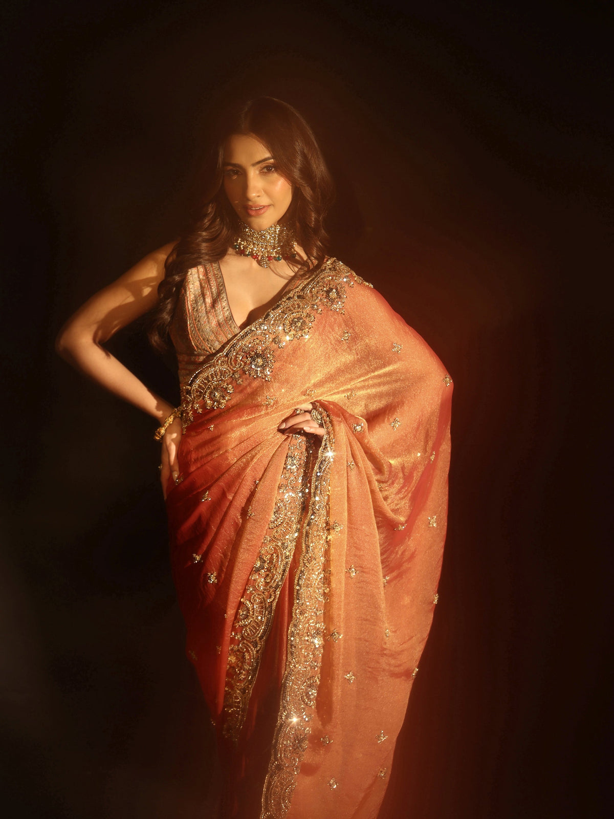 Anouk Peach Floral Embellished Tissue Saree
