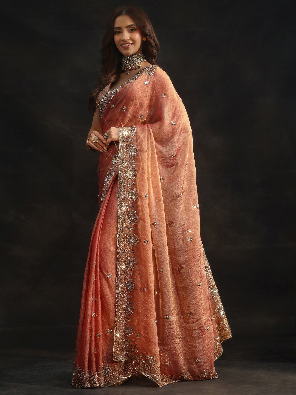 Anouk Peach Floral Embellished Tissue Saree