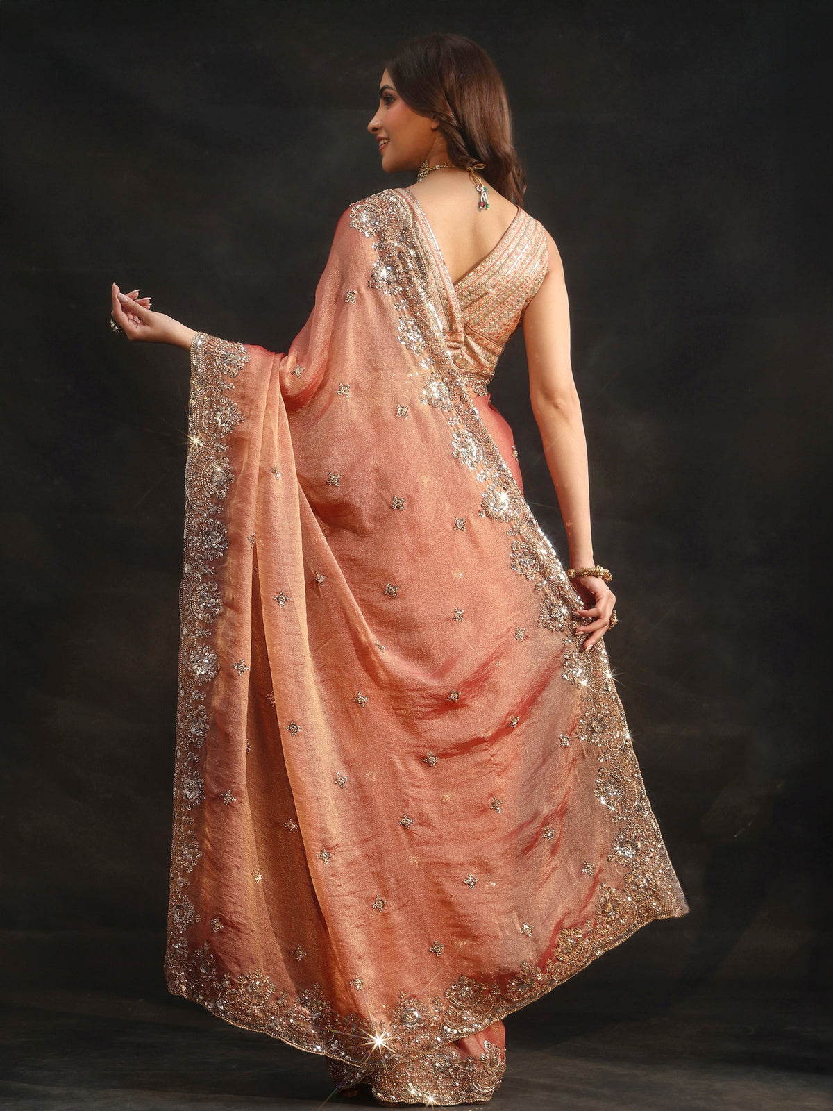 Anouk Peach Floral Embellished Tissue Saree
