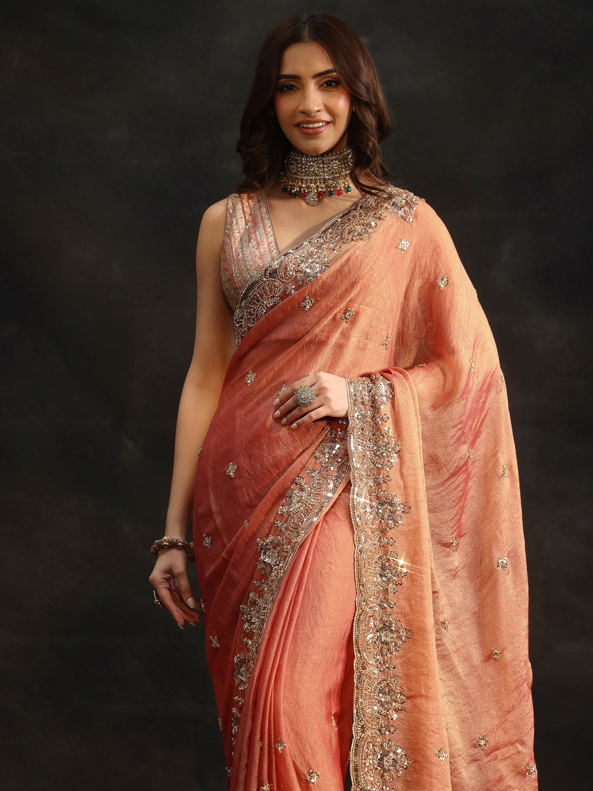 Anouk Peach Floral Embellished Tissue Saree