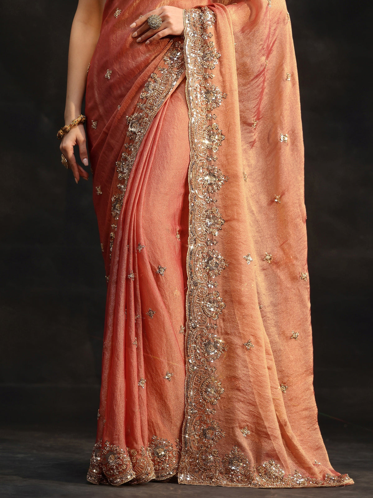 Anouk Peach Floral Embellished Tissue Saree
