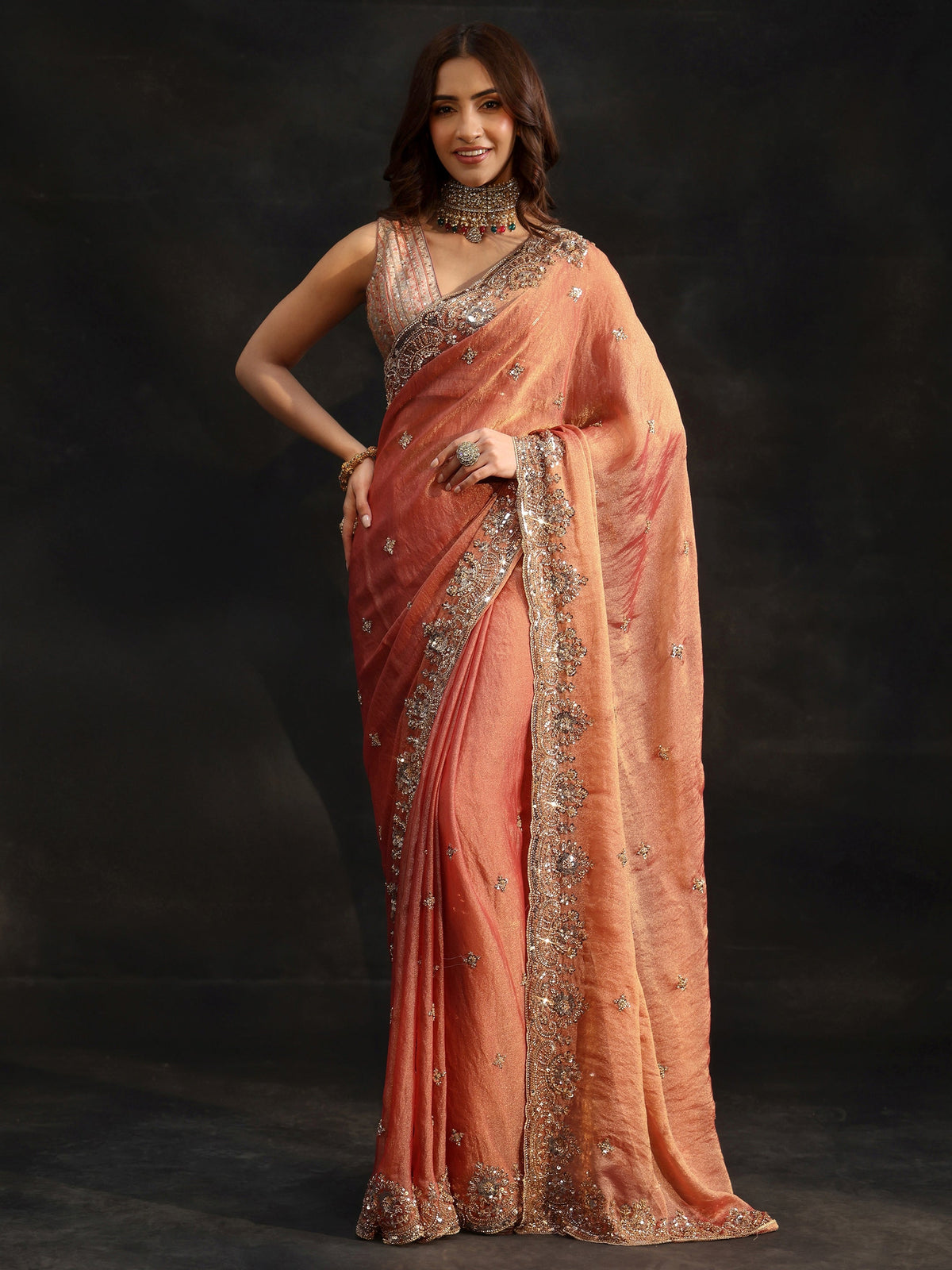 Anouk Peach Floral Embellished Tissue Saree