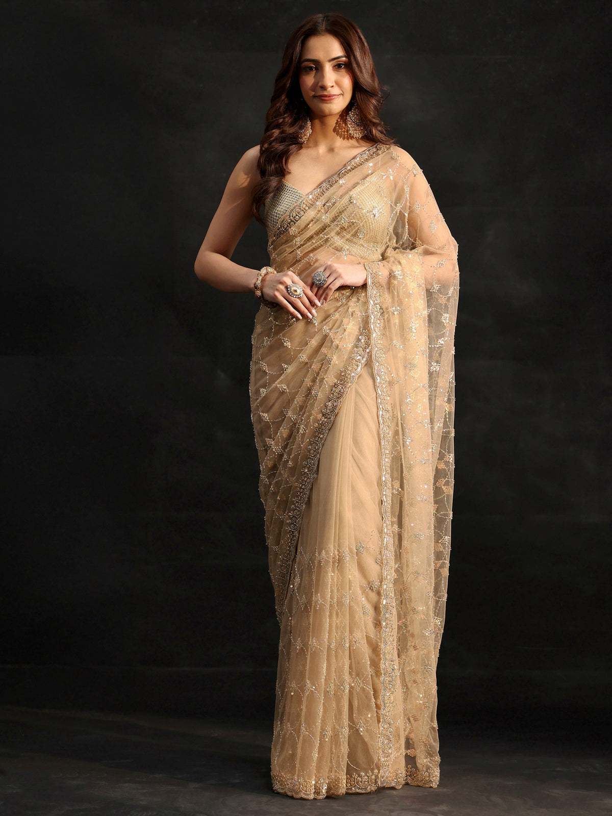 Anouk Gold Stone Embellished Net Saree