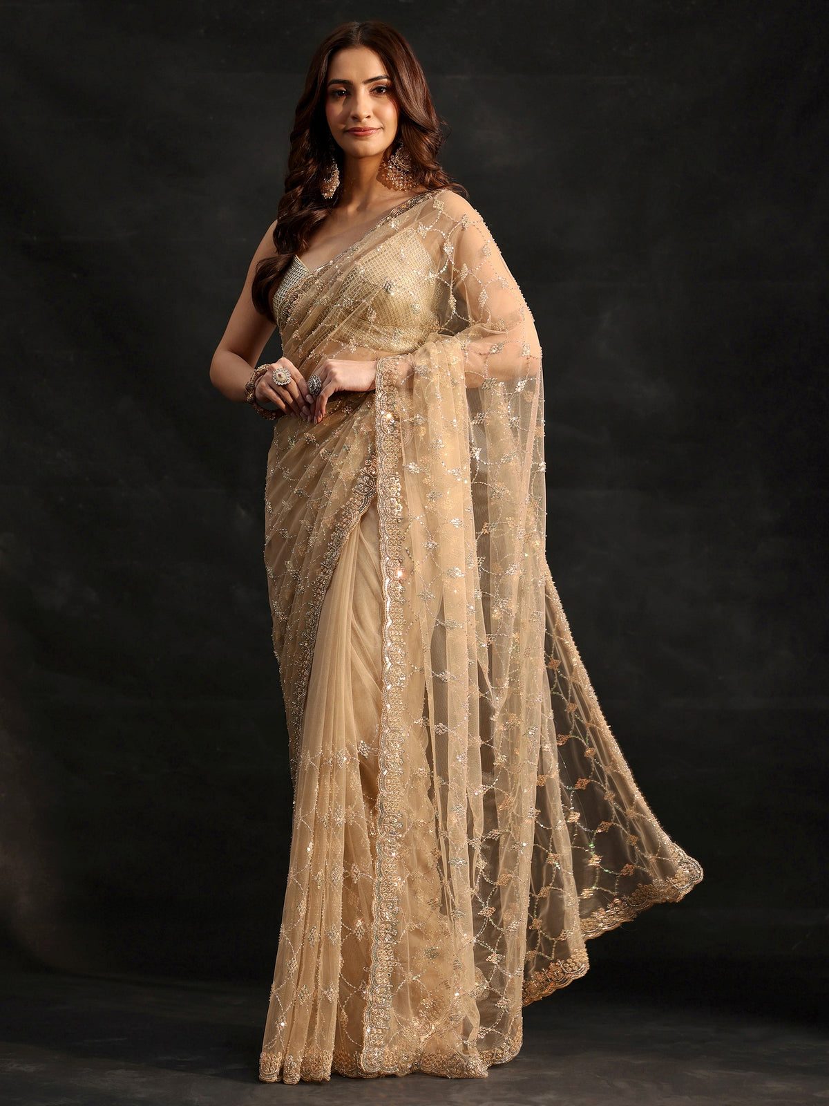 Anouk Gold Stone Embellished Net Saree