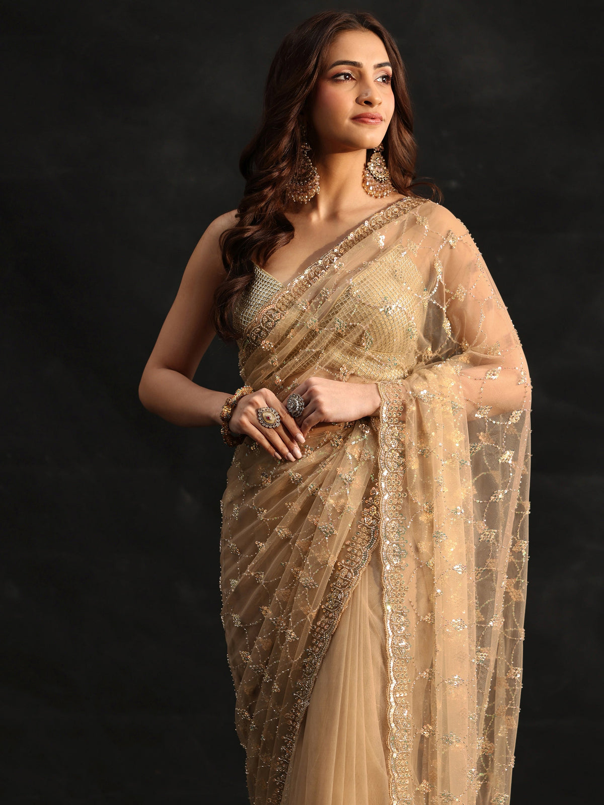 Anouk Gold Stone Embellished Net Saree