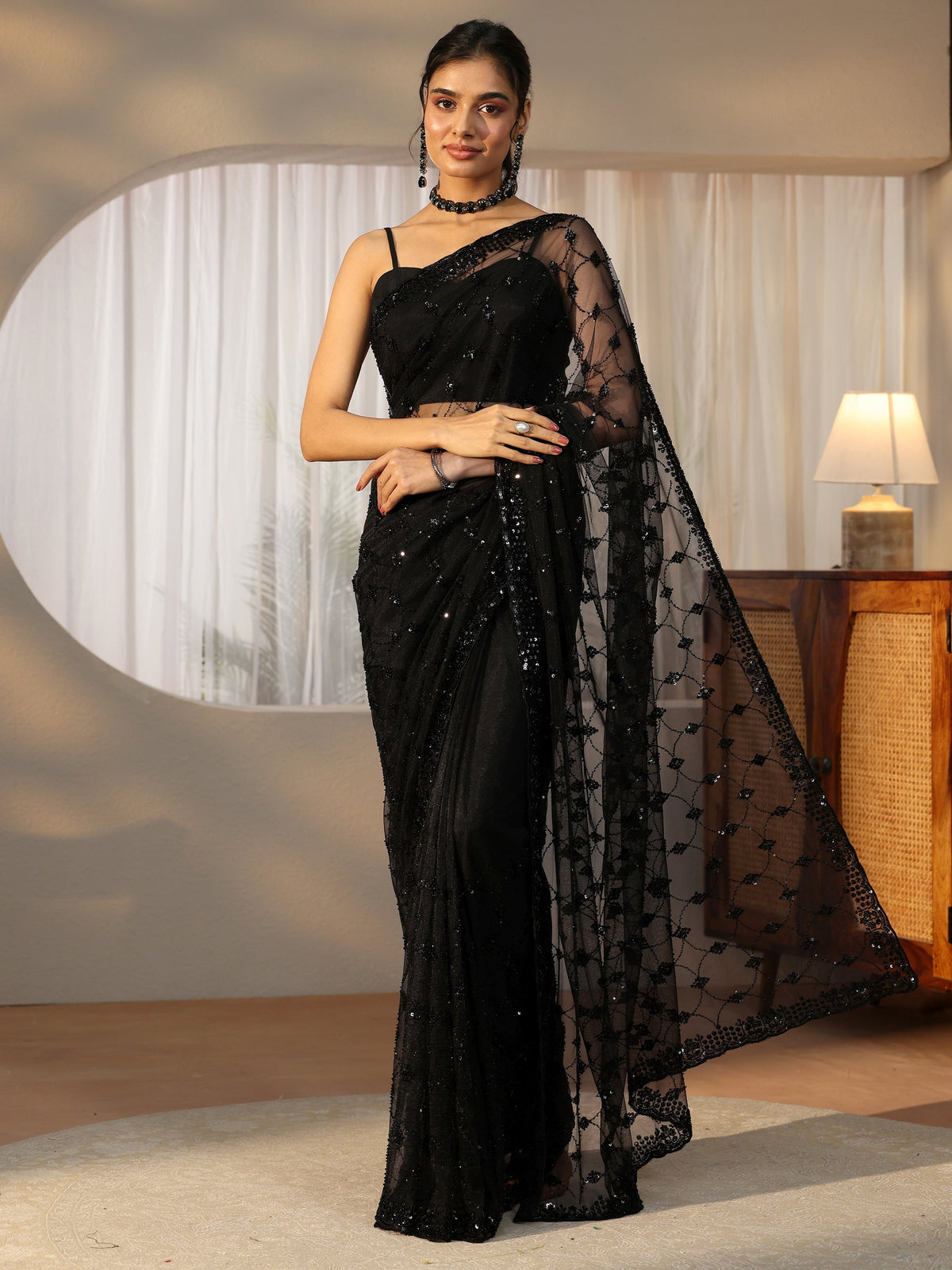 Anouk Black Sequin Embellished Net Saree