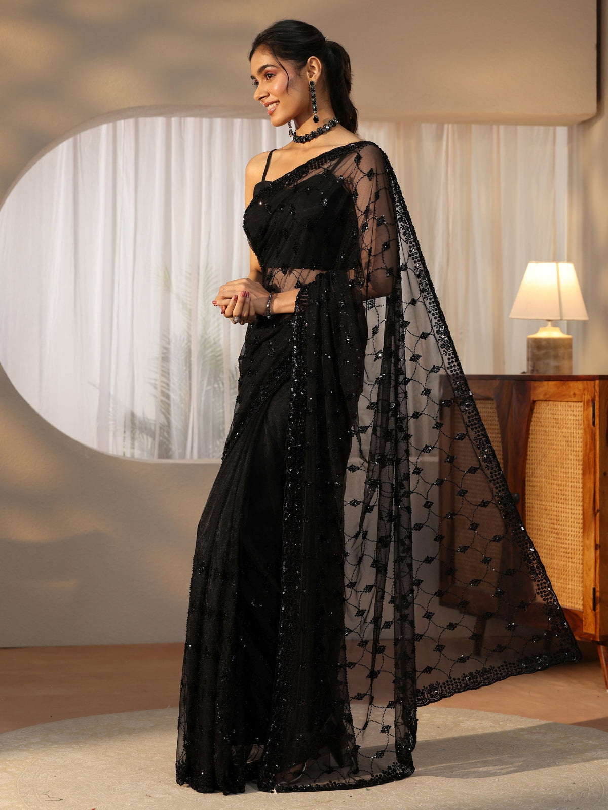 Anouk Black Sequin Embellished Net Saree