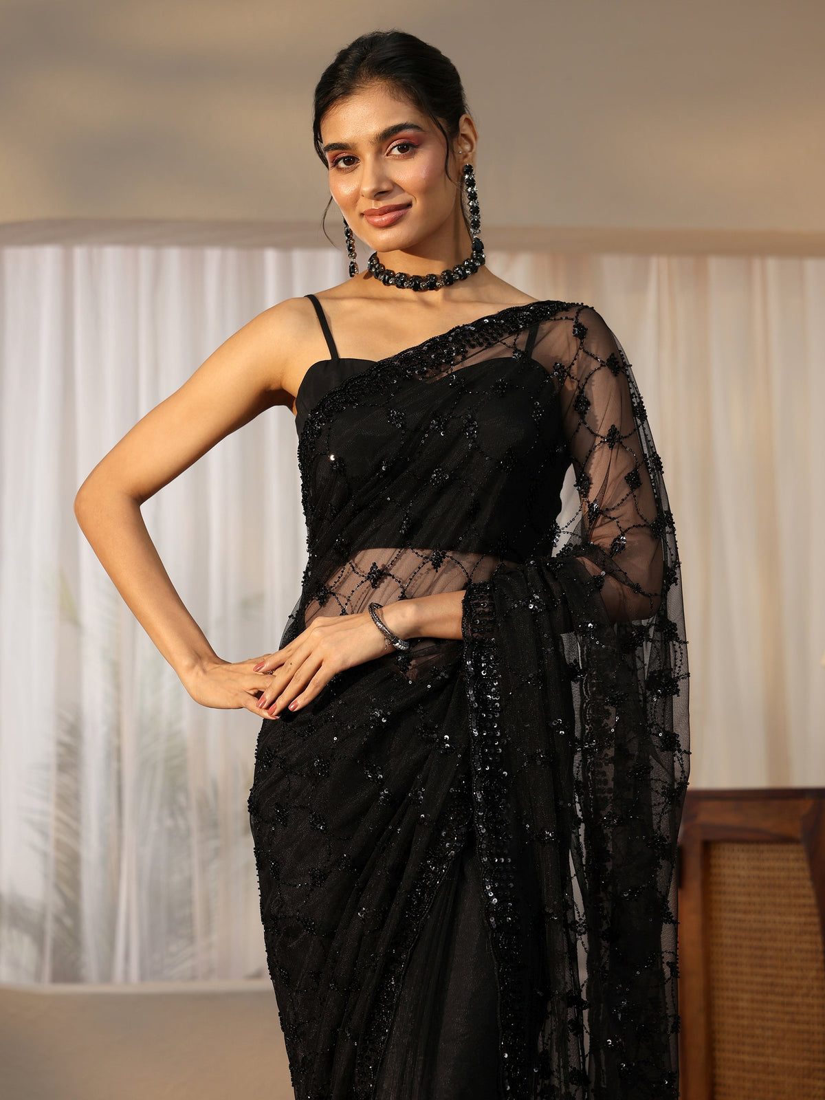 Anouk Black Sequin Embellished Net Saree