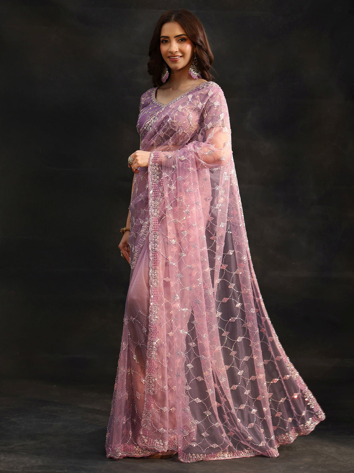 Anouk Lavender Stone Embellished Net Saree