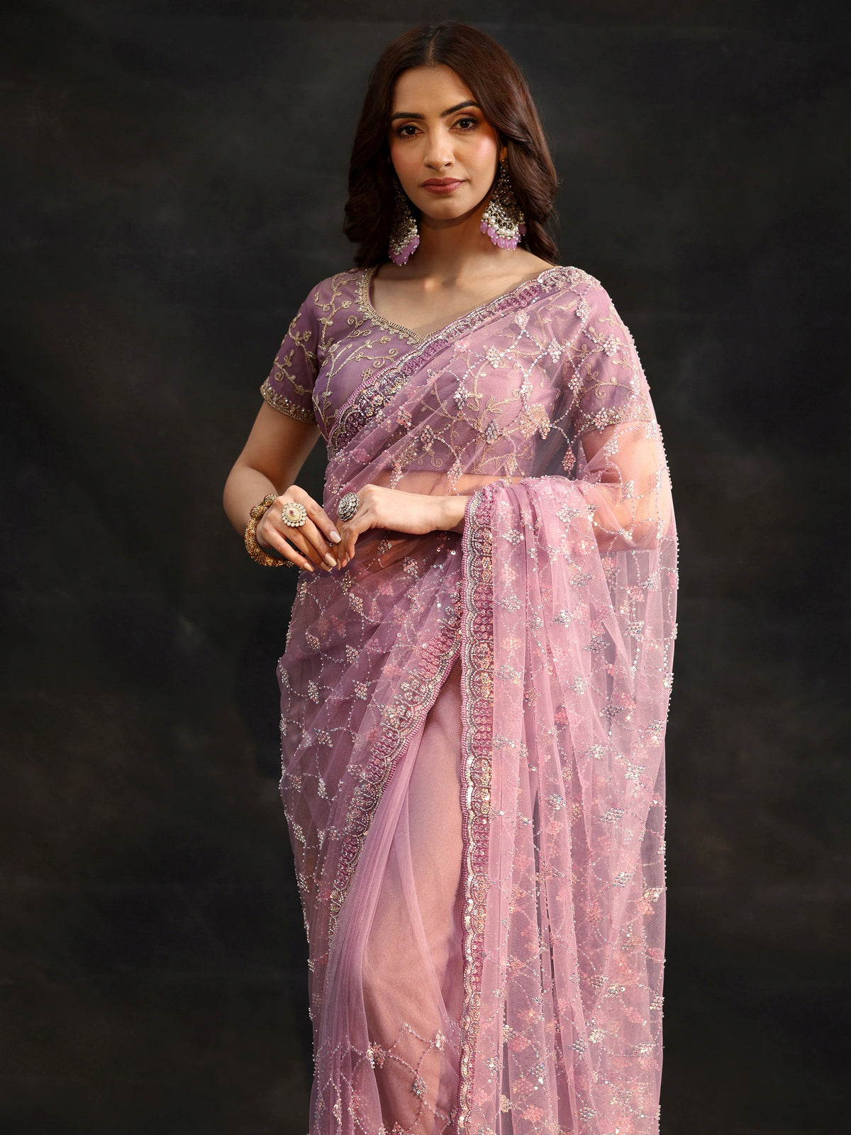 Anouk Lavender Stone Embellished Net Saree