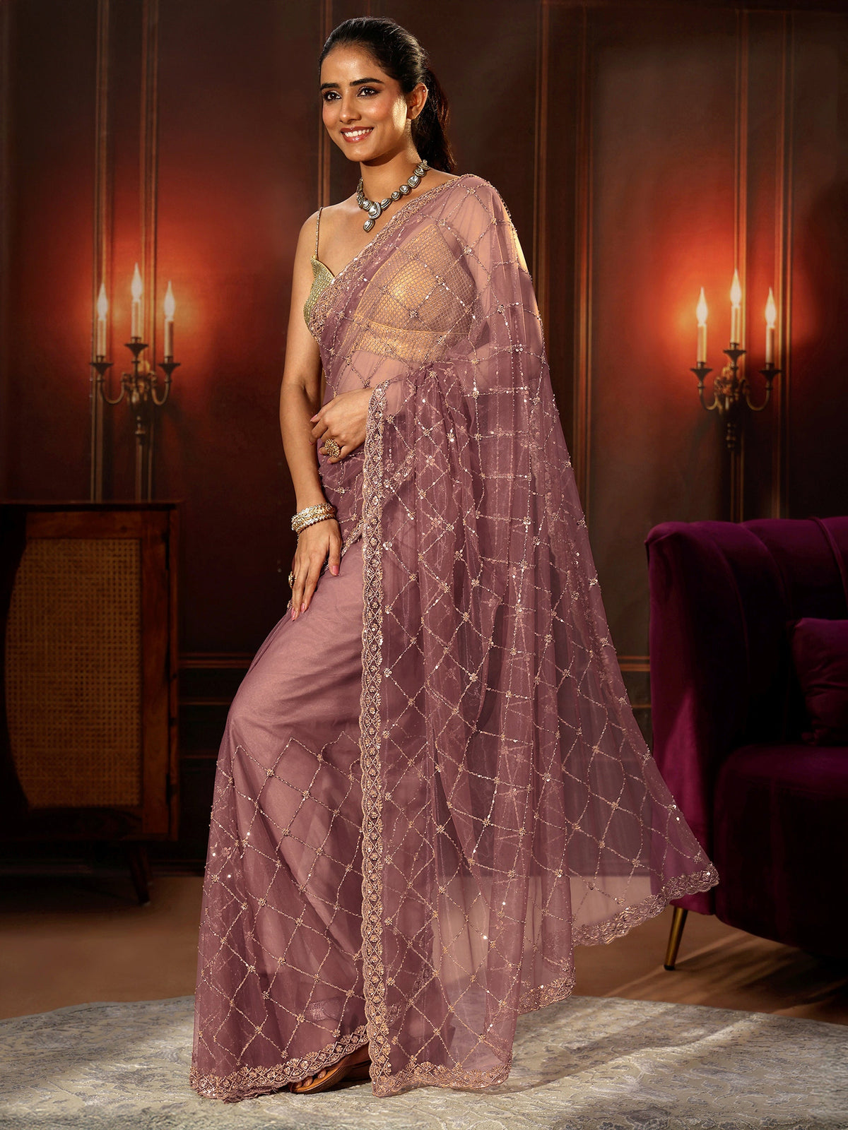 Anouk Mauve Embellished Jaal Work Net Saree