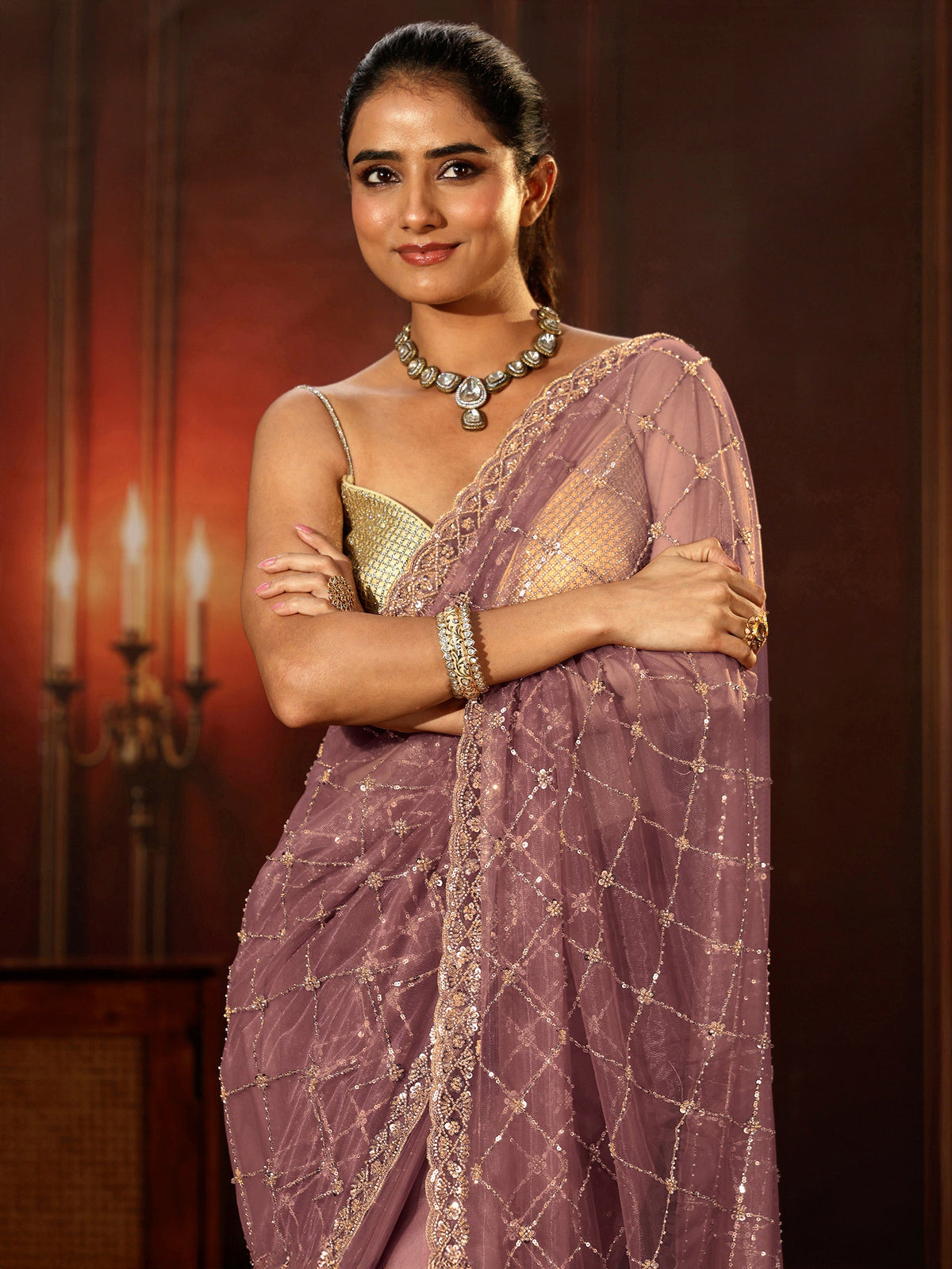 Anouk Mauve Embellished Jaal Work Net Saree