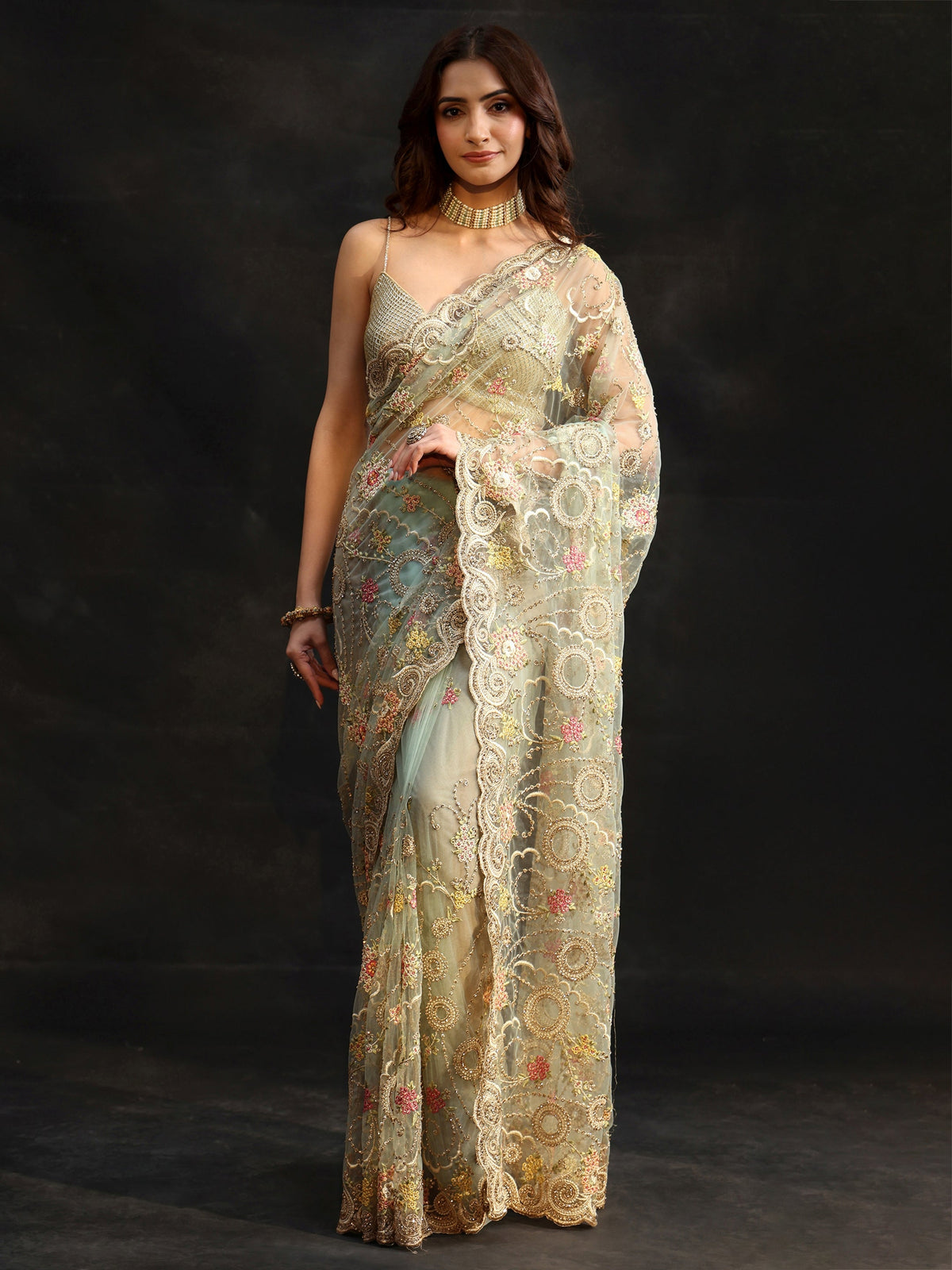 Anouk Periwinkle Blue Floral Embroidered Net Saree