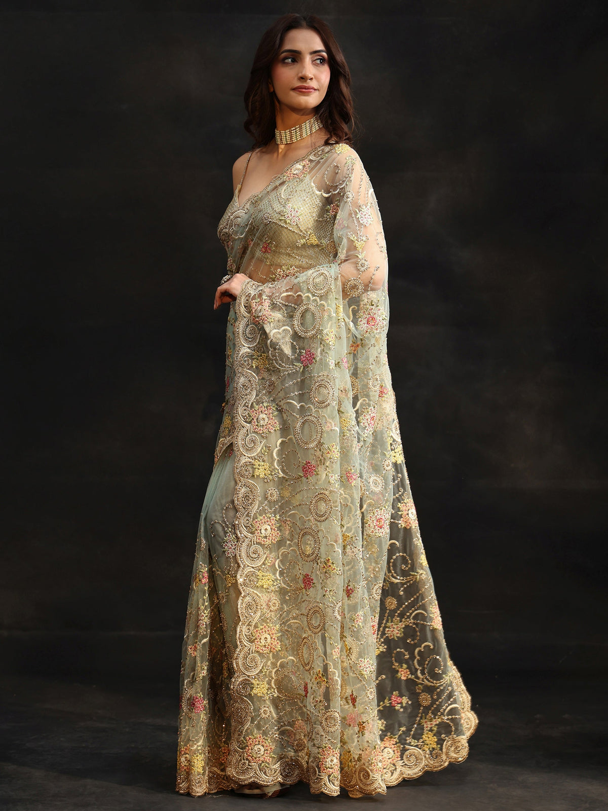 Anouk Periwinkle Blue Floral Embroidered Net Saree