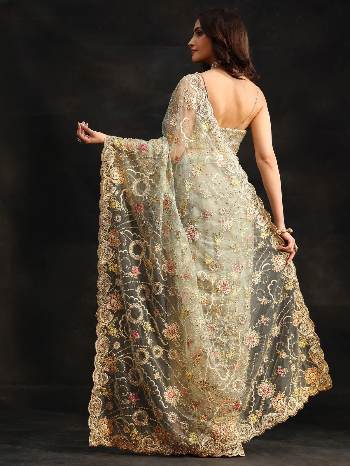 Anouk Periwinkle Blue Floral Embroidered Net Saree