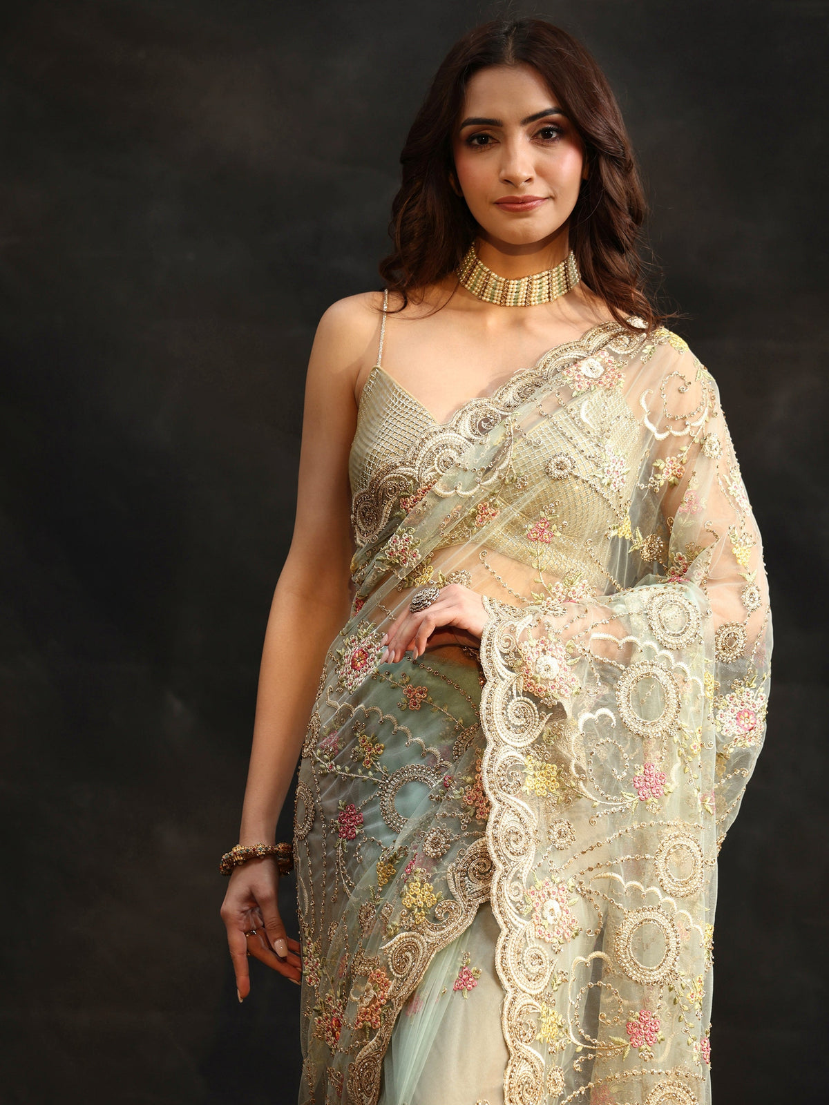 Anouk Periwinkle Blue Floral Embroidered Net Saree