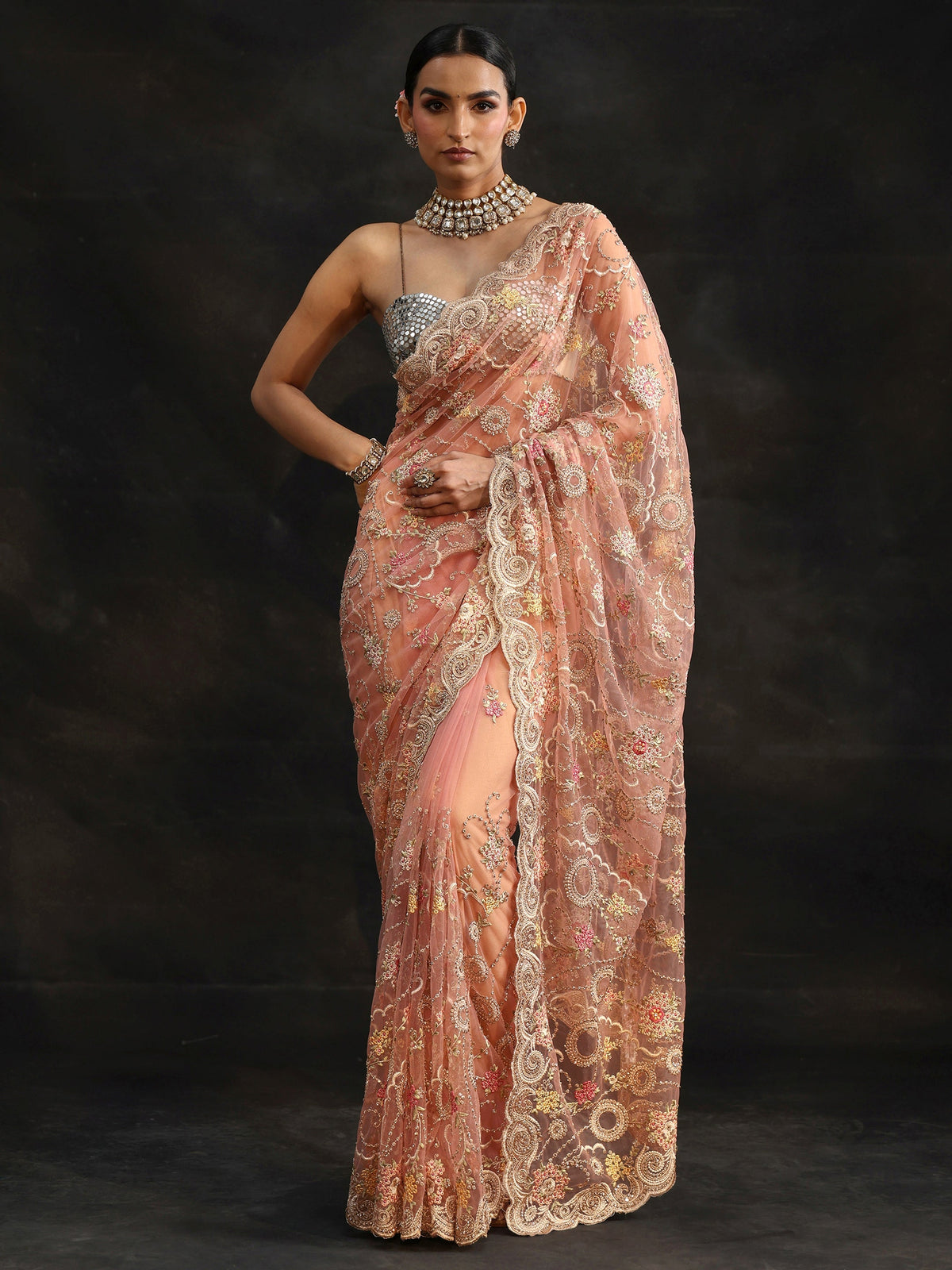 Anouk Peach Floral Embroidered Net Saree