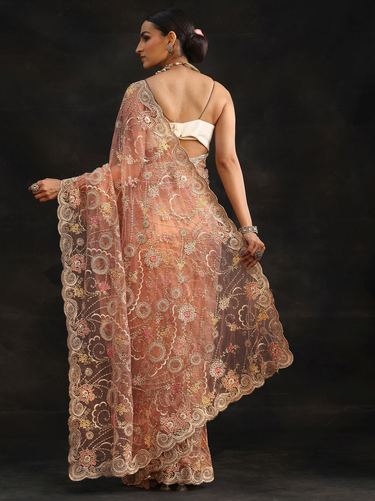 Anouk Peach Floral Embroidered Net Saree