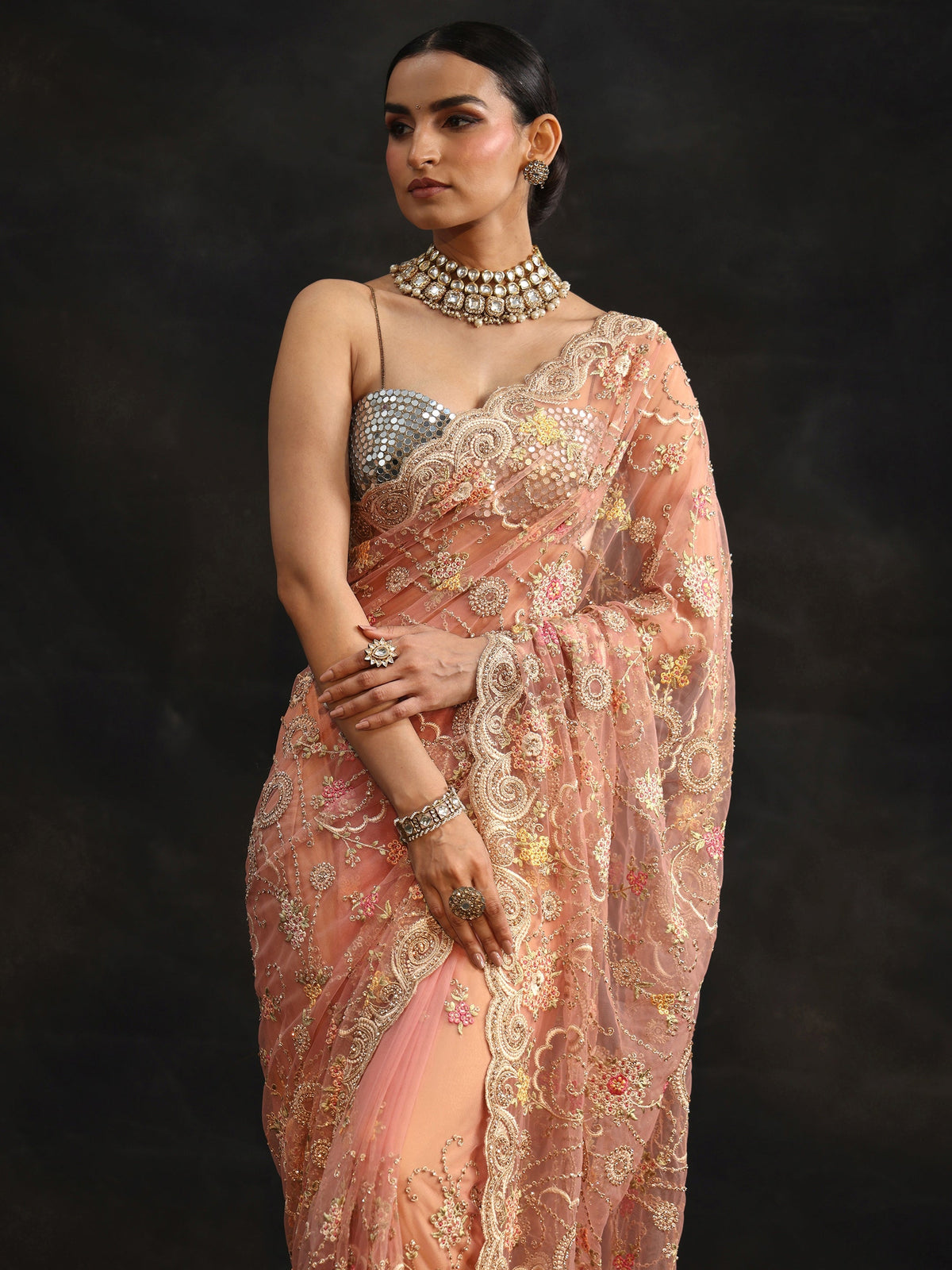 Anouk Peach Floral Embroidered Net Saree