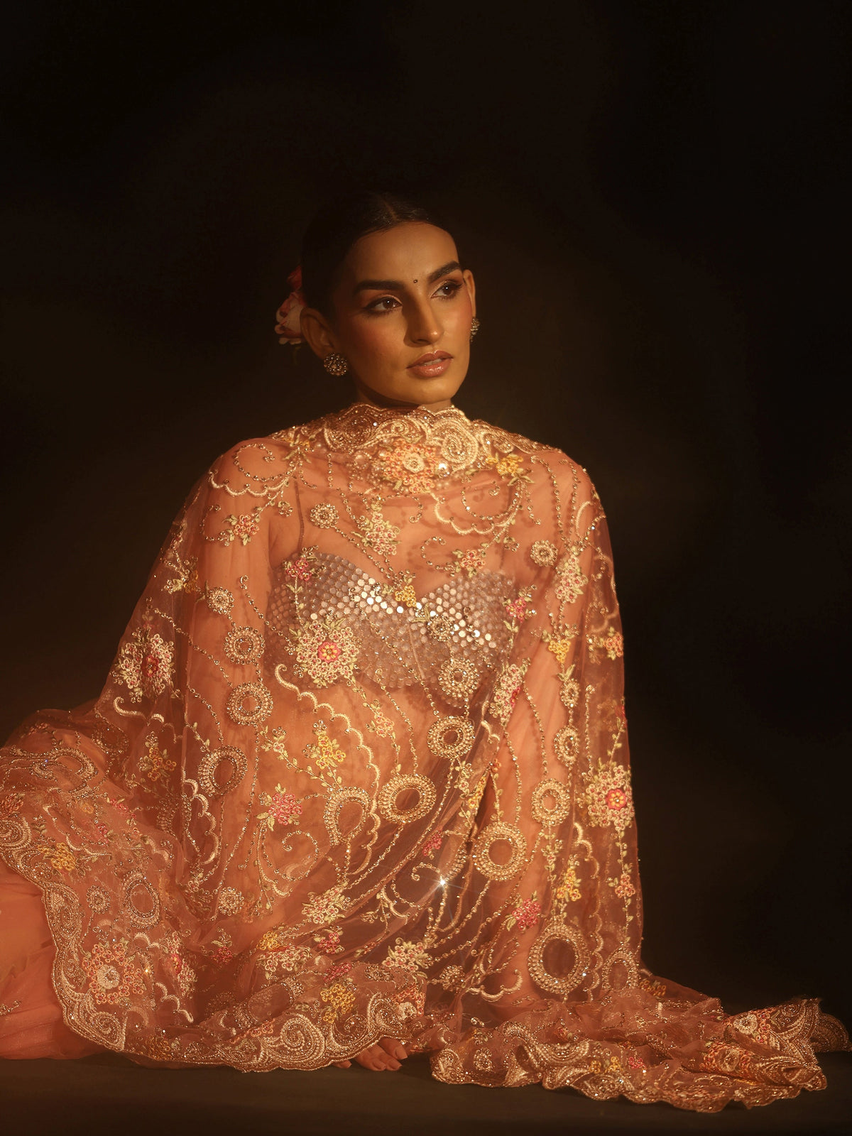 Anouk Peach Floral Embroidered Net Saree