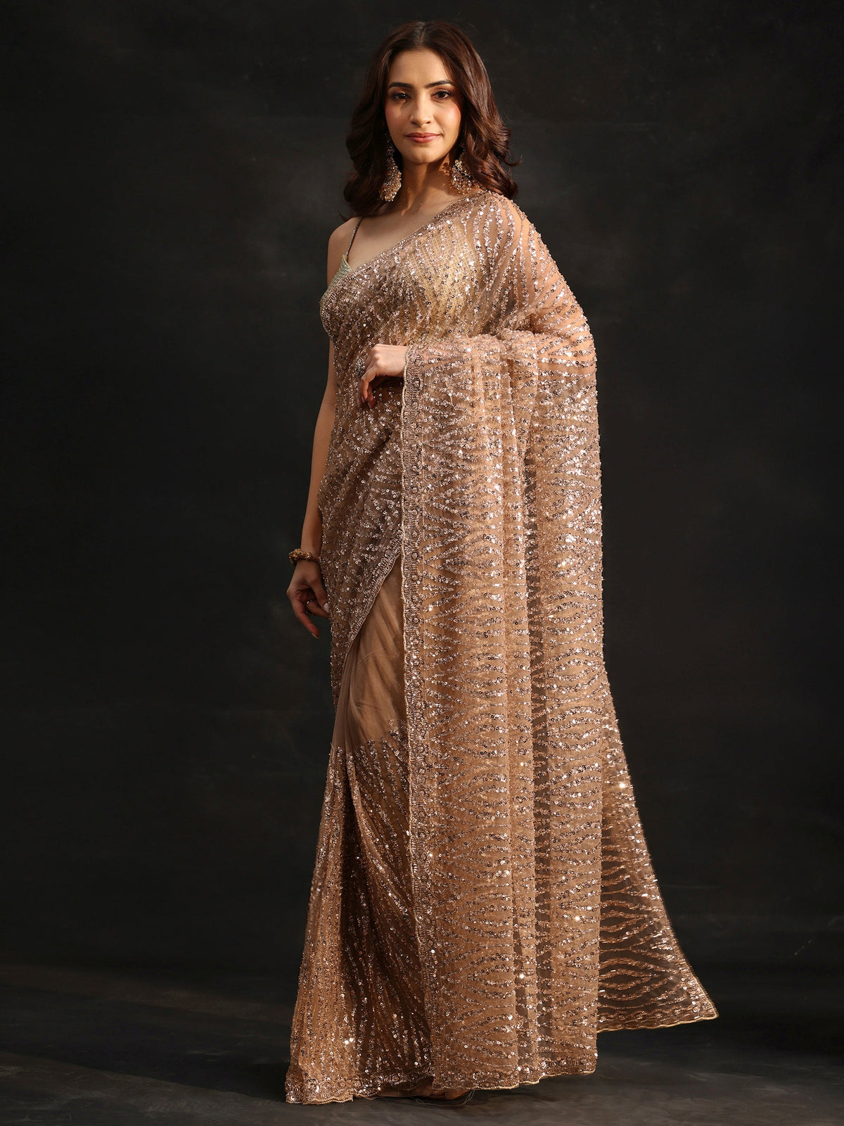 Anouk Gold Bead and Sequin Embellished Net Saree