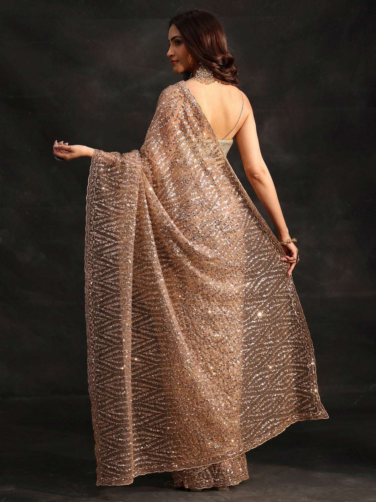 Anouk Gold Bead and Sequin Embellished Net Saree