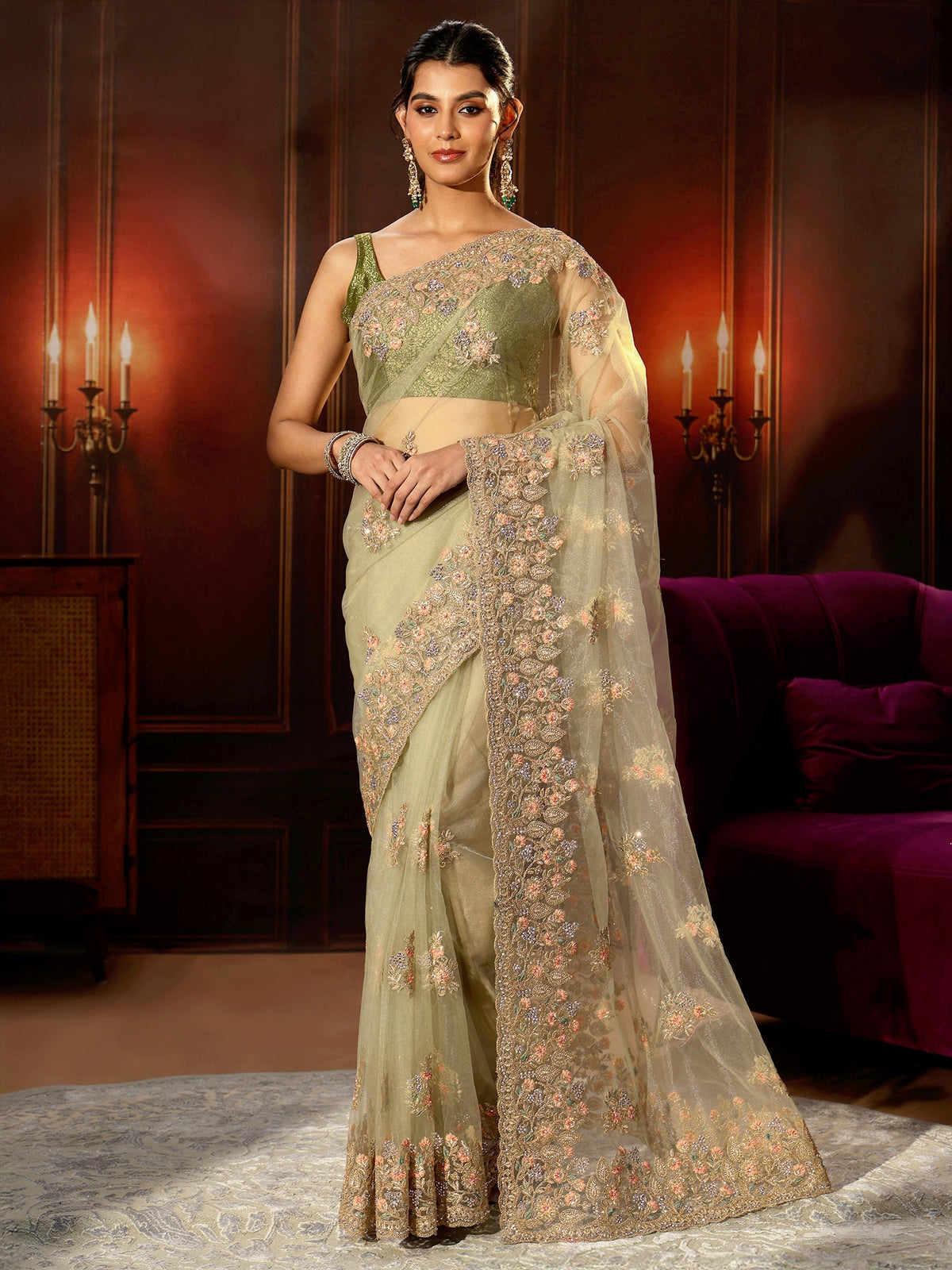 Anouk Pista Green Floral Embroidered Net Saree