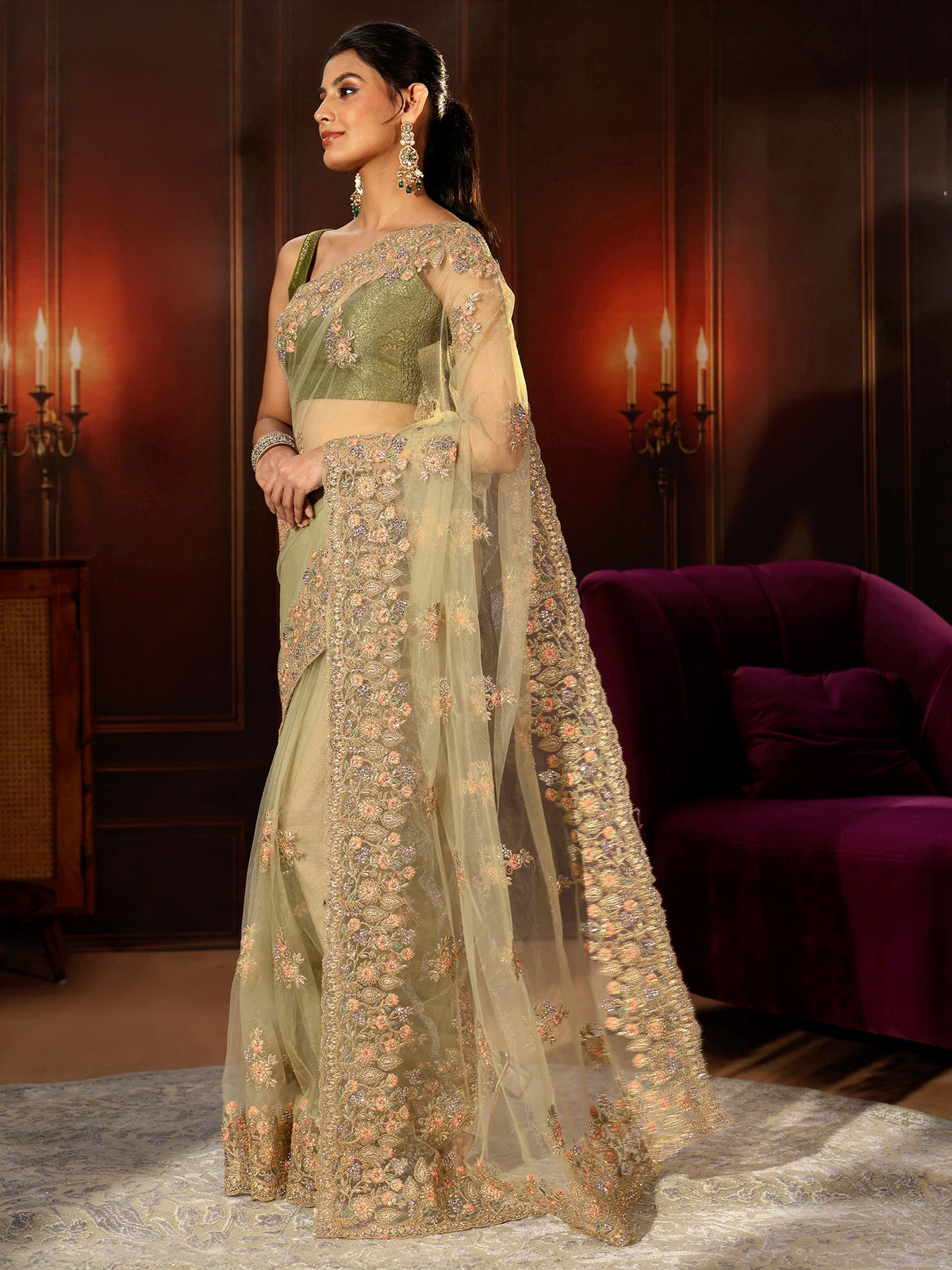 Anouk Pista Green Floral Embroidered Net Saree