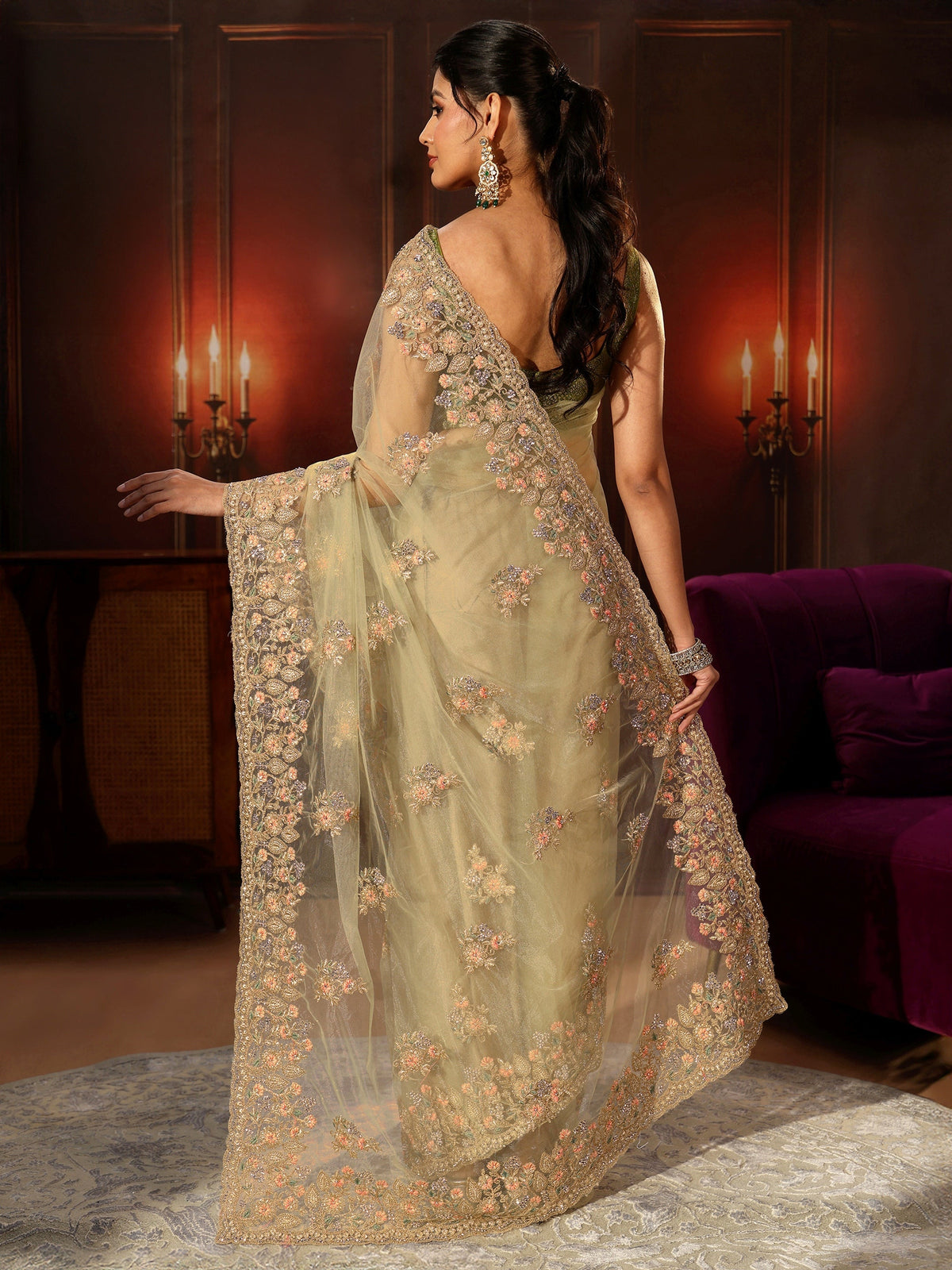 Anouk Pista Green Floral Embroidered Net Saree