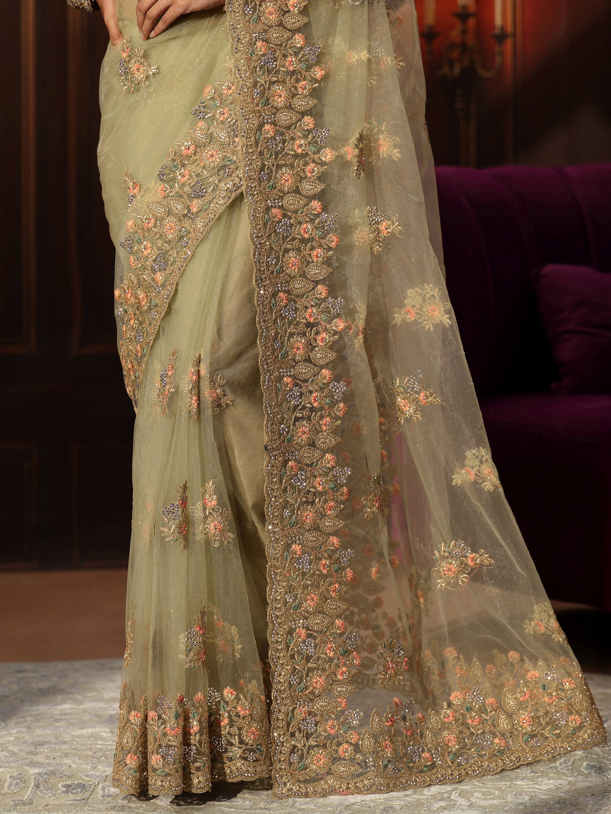 Anouk Pista Green Floral Embroidered Net Saree