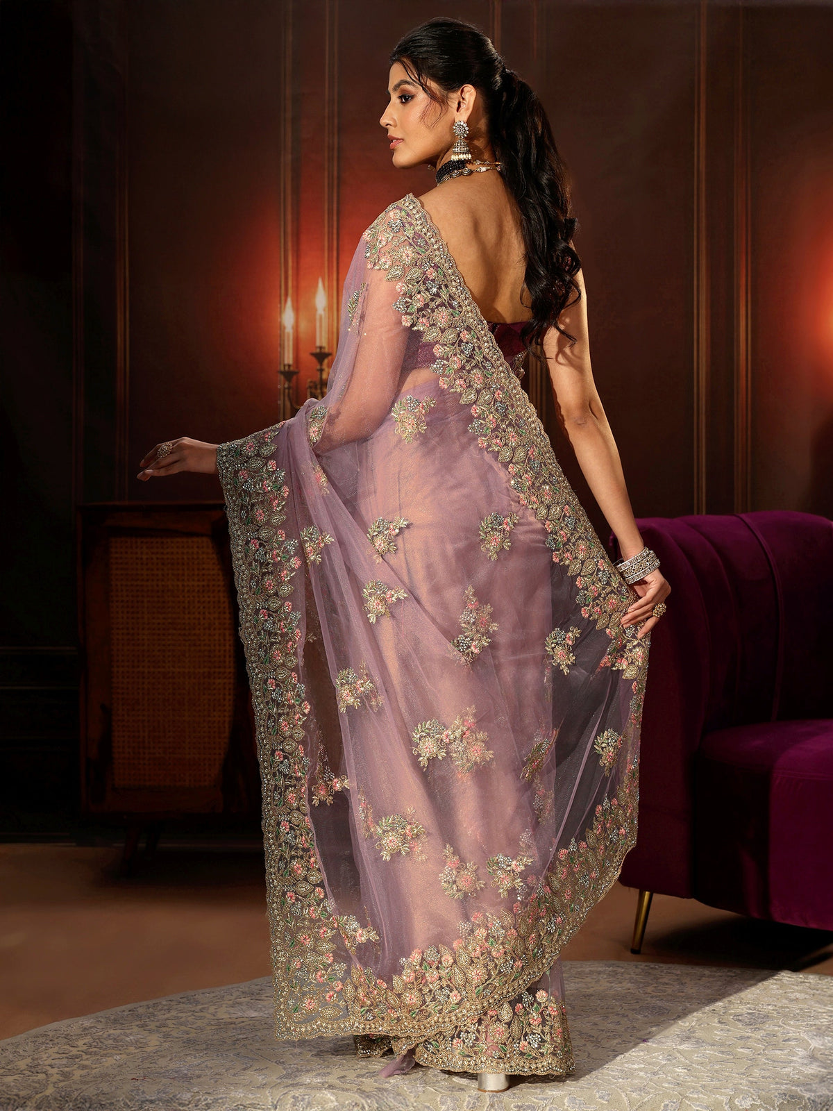 Anouk Lilac Floral Embroidered Net Saree