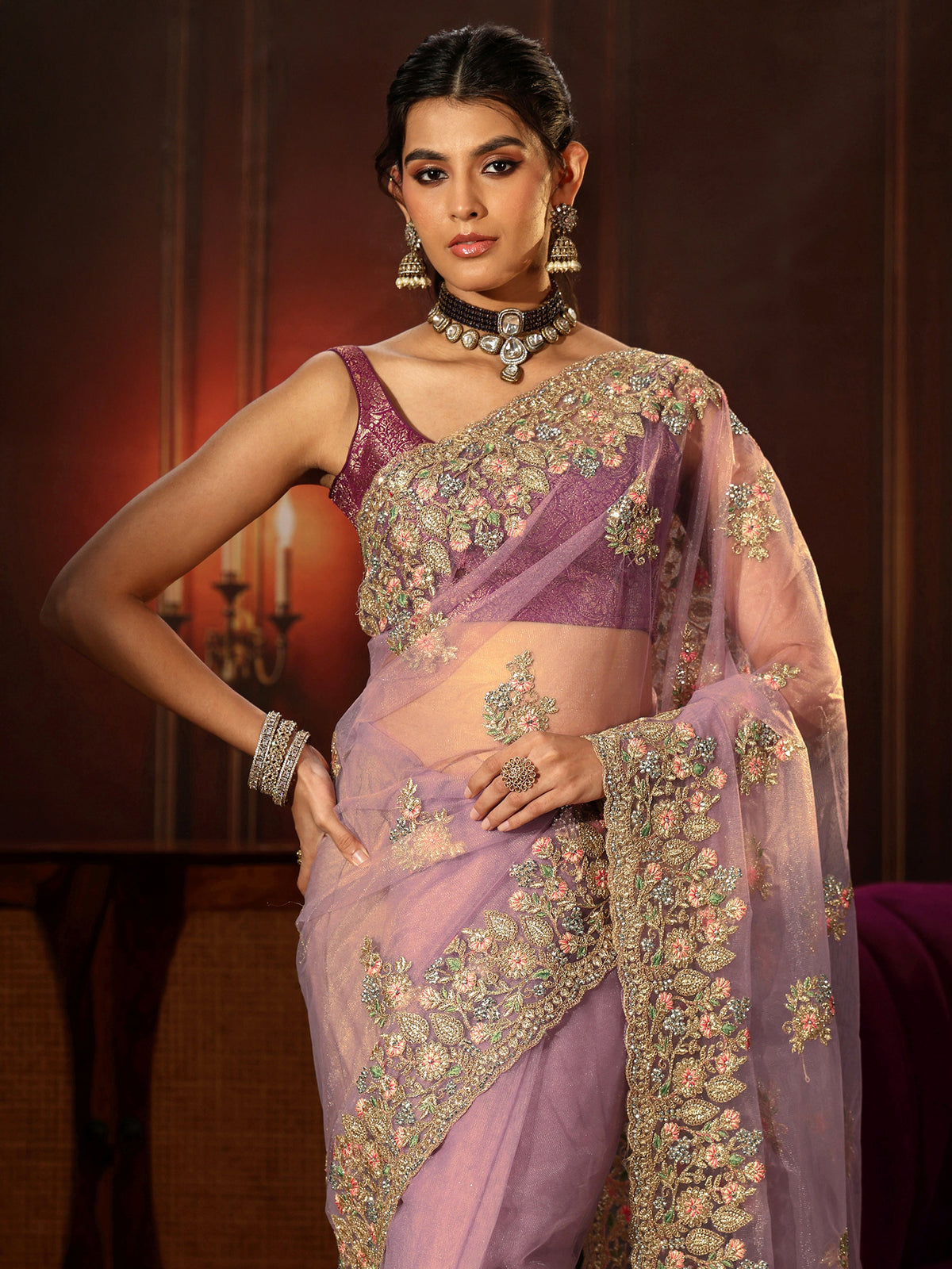 Anouk Lilac Floral Embroidered Net Saree